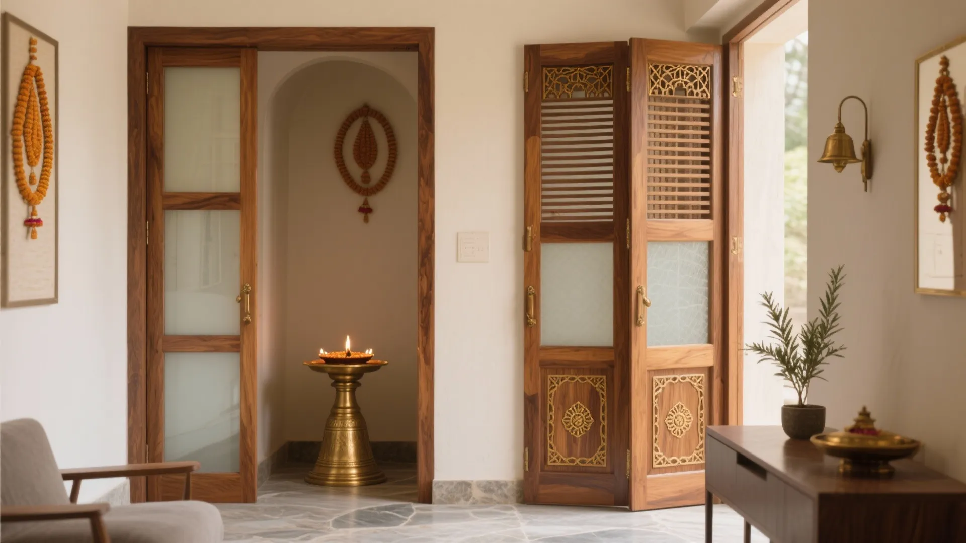 Interior room design with wooden doors brass candle stand wall light and small green plant pot