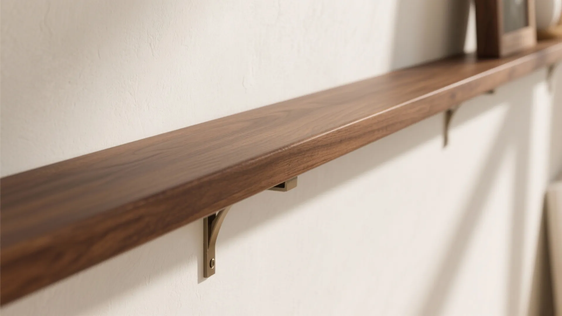 Long dark wood floating wall shelf supported by small metal brackets on a white wall