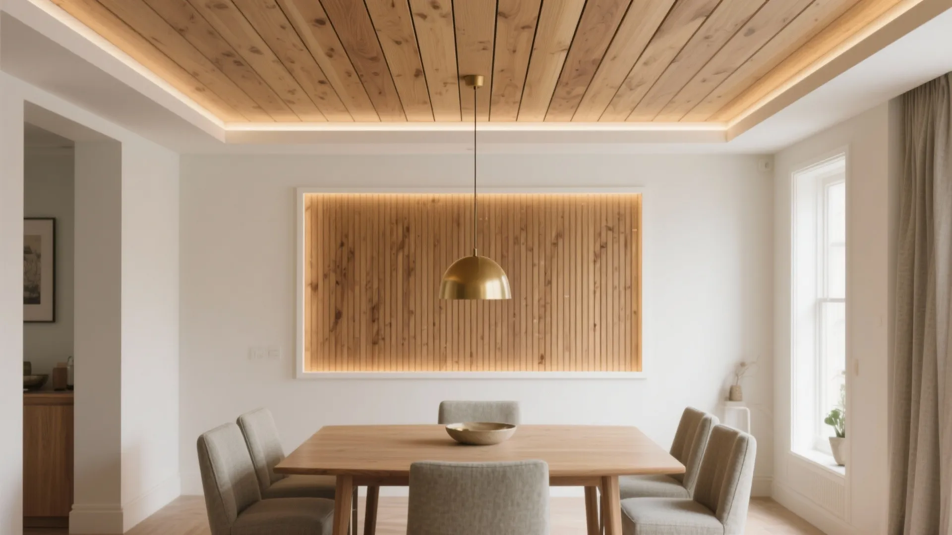 Modern dining area featuring wood ceiling panels gold ceiling light and wooden wall panel decoration