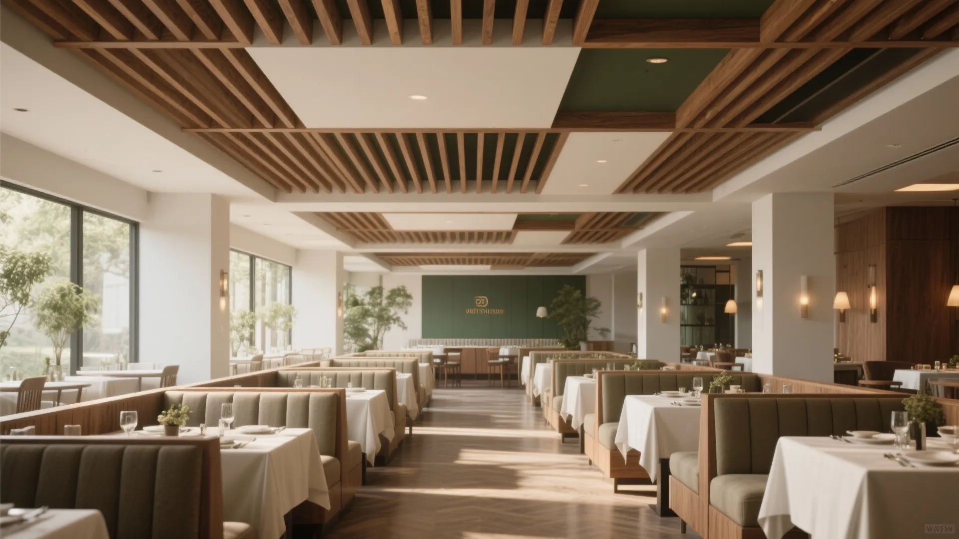Modern restaurant interior with wooden ceiling panels green wall booths white tablecloths and natural light
