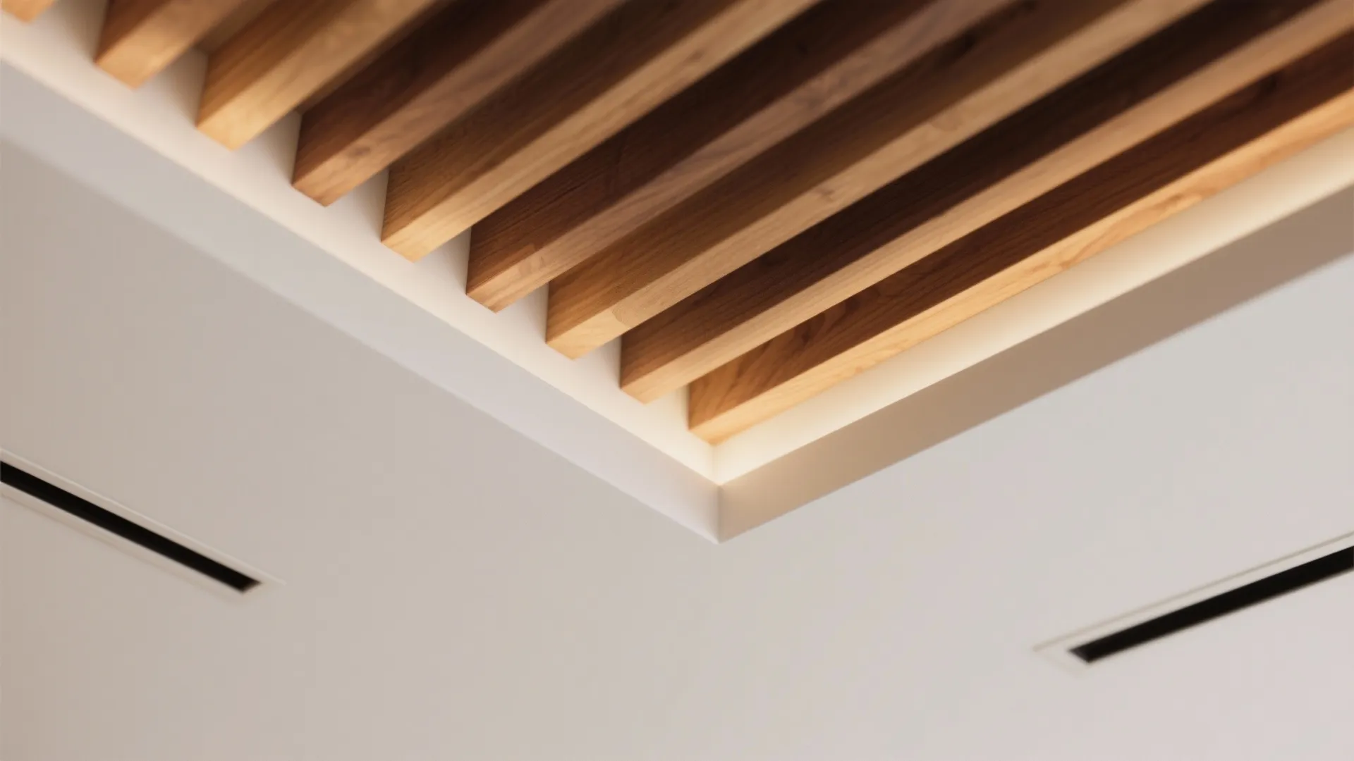 Modern white ceiling featuring parallel wooden slats and warm hidden light fixture for interior design detail