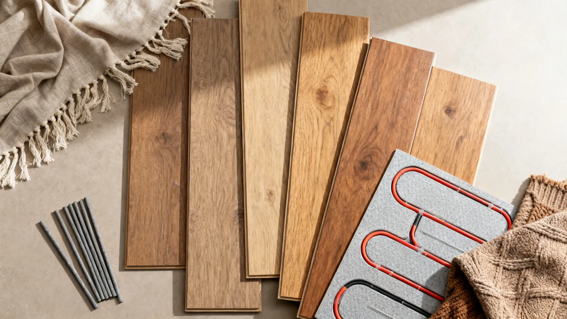 Collection of wooden floor planks in different brown colors with underfloor heating panel and soft fabric