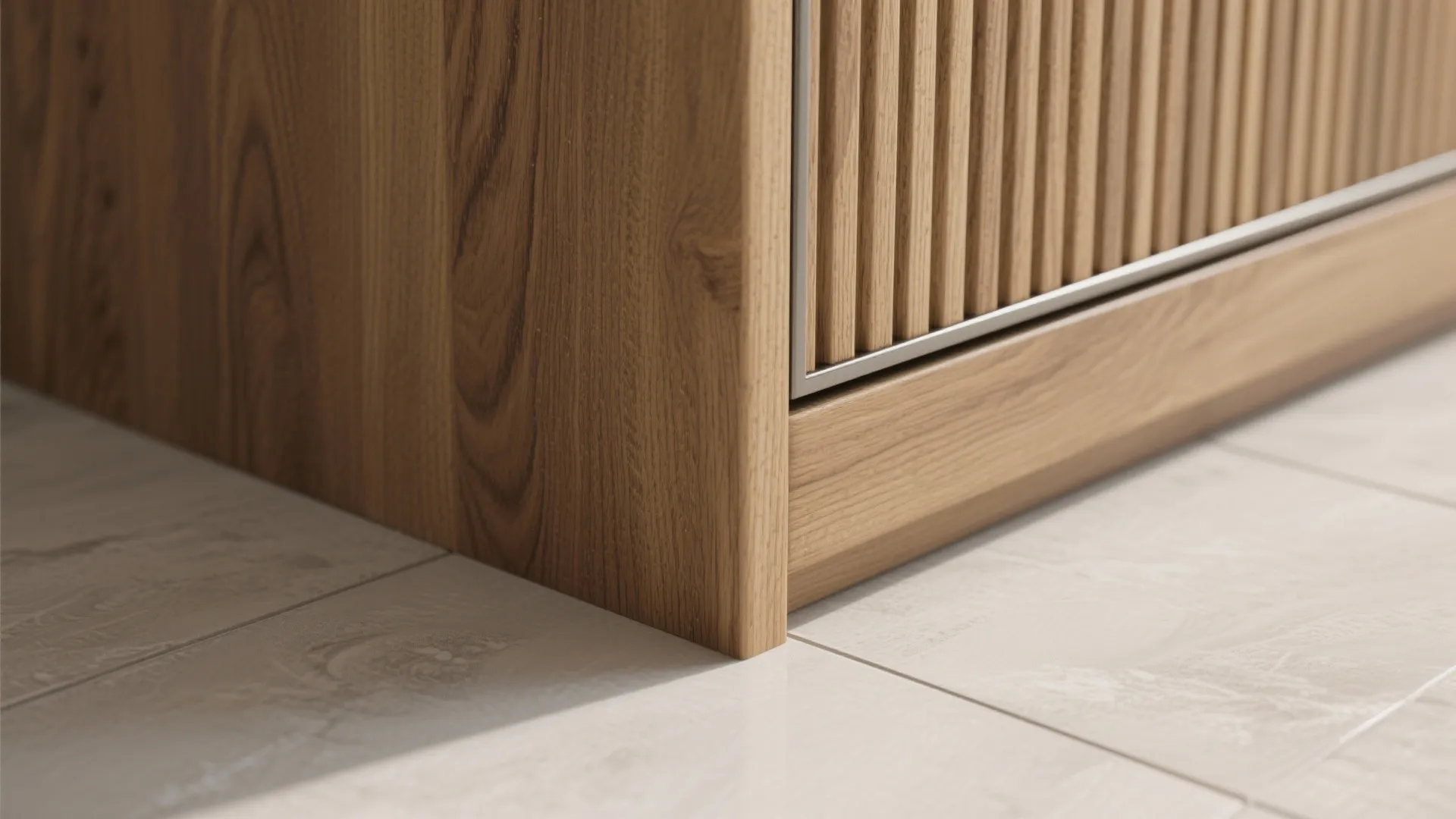 Macro of wood-look porcelain meeting ribbed oak-look cabinet with matte metal detail.