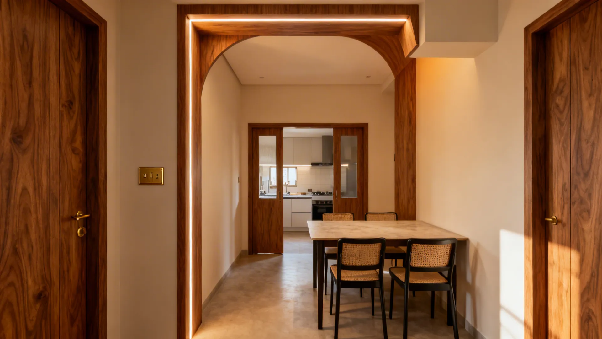 Framed openness at the entrance: slim arch or wood portal