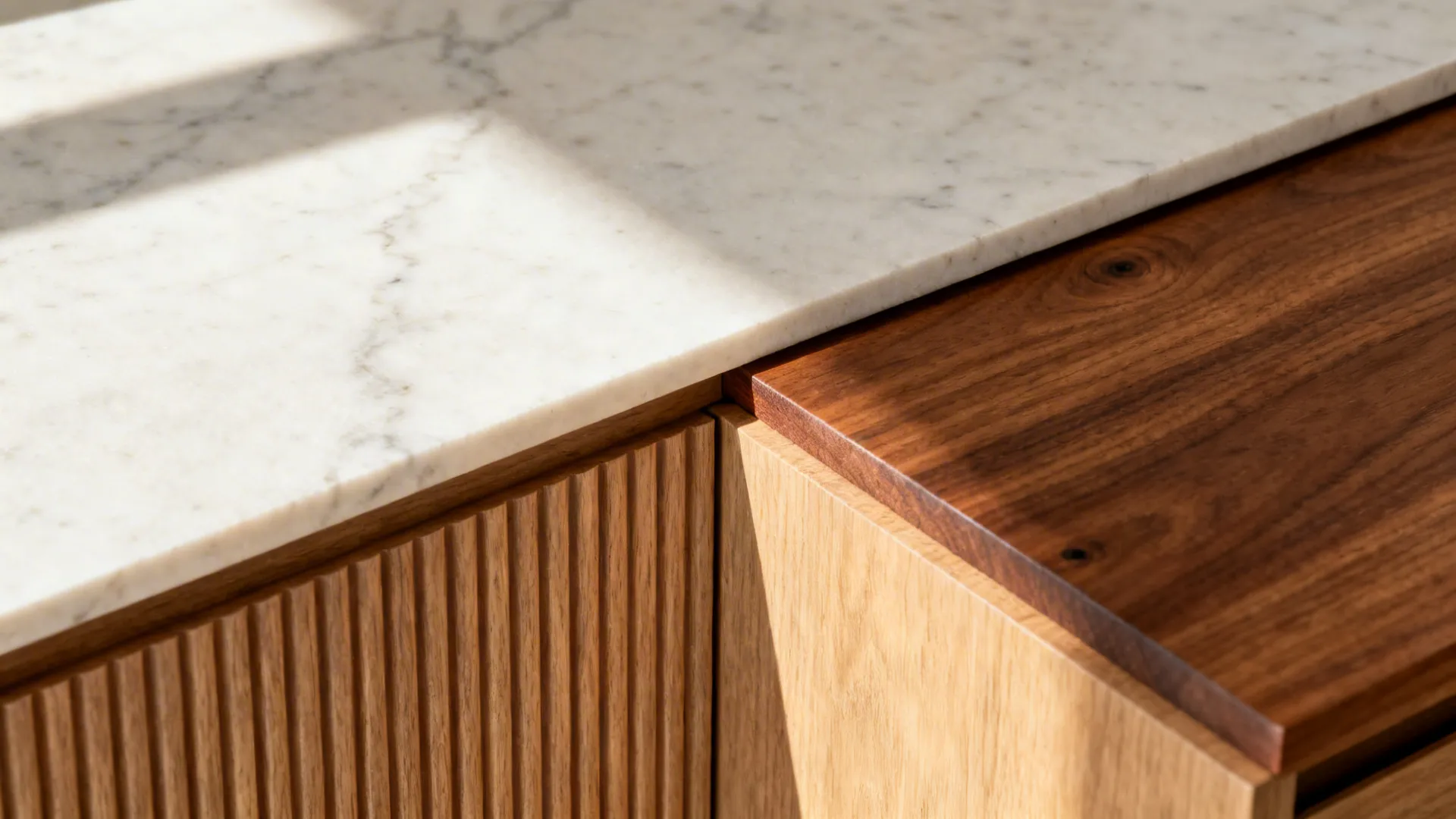 Close up of white marble countertop meeting a wood cabinet with vertical wall panel slats design