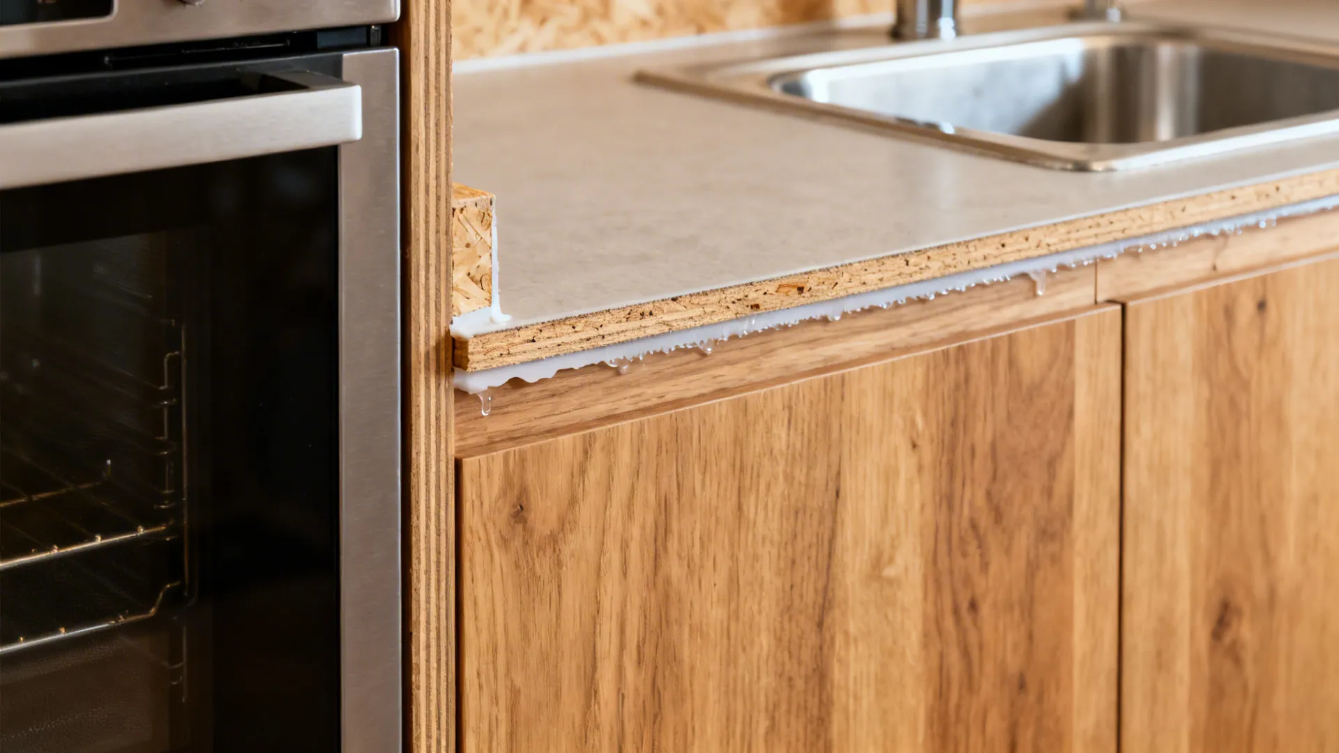 Close-up of wood cabinetry with sealed edges and proper clearances near sink and oven.