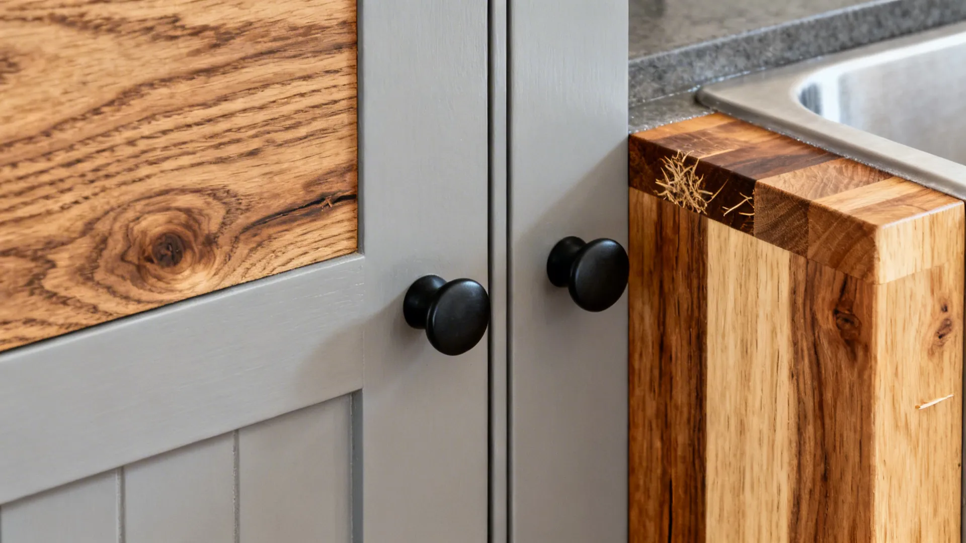 Macro of rift-oak grain and a matte black pull on a light-gray cabinet door.