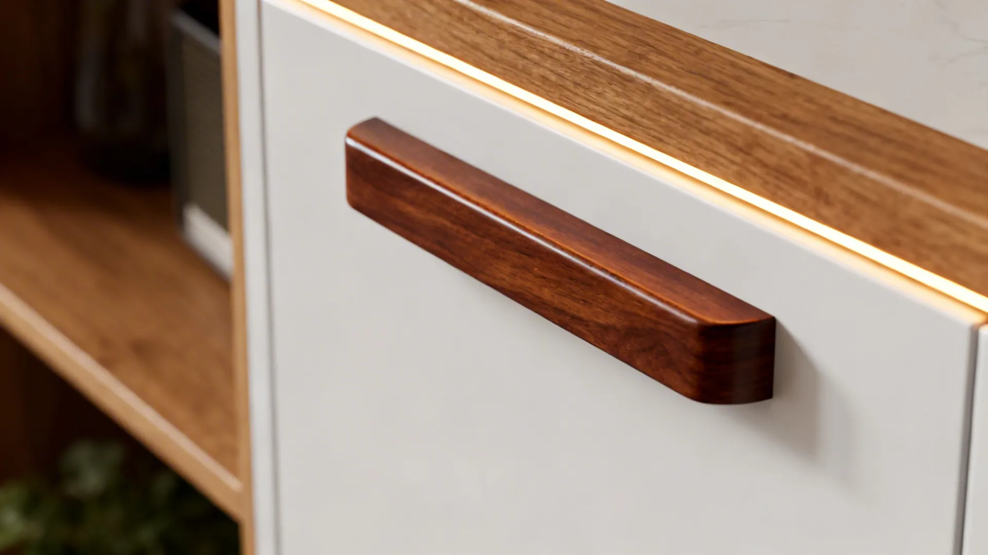 Close up of a wooden handle on a white cabinet door with warm yellow light