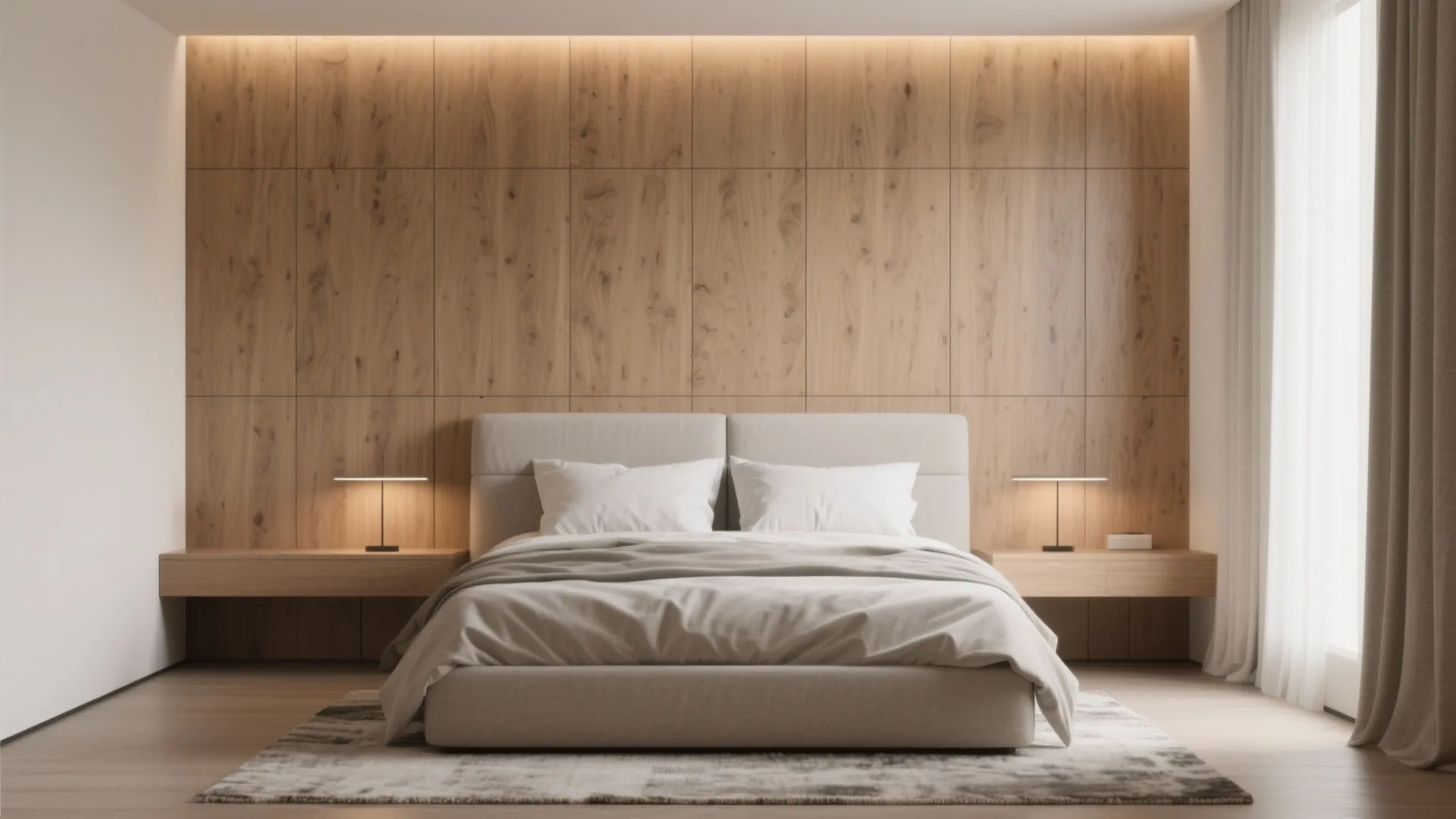 Modern bedroom with wooden wall panel, beige bed, white pillows, warm light fixtures, and curtains