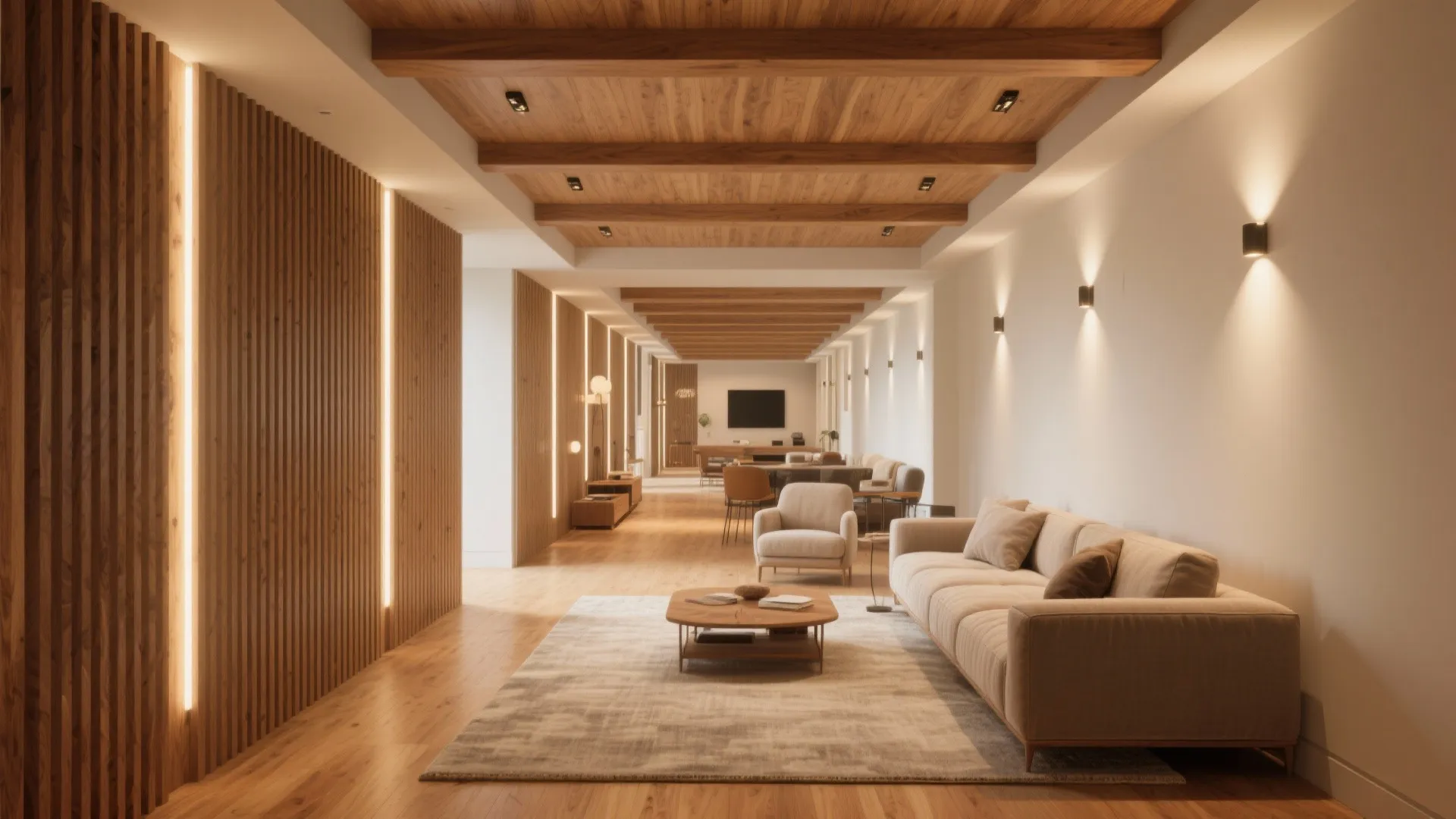 Long living area with vertical wood wall panels and matching wooden beams on the ceiling