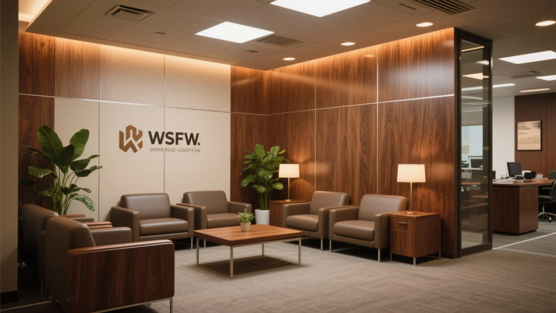 Office waiting area with wood wall panel brown leather chairs wooden coffee table and light