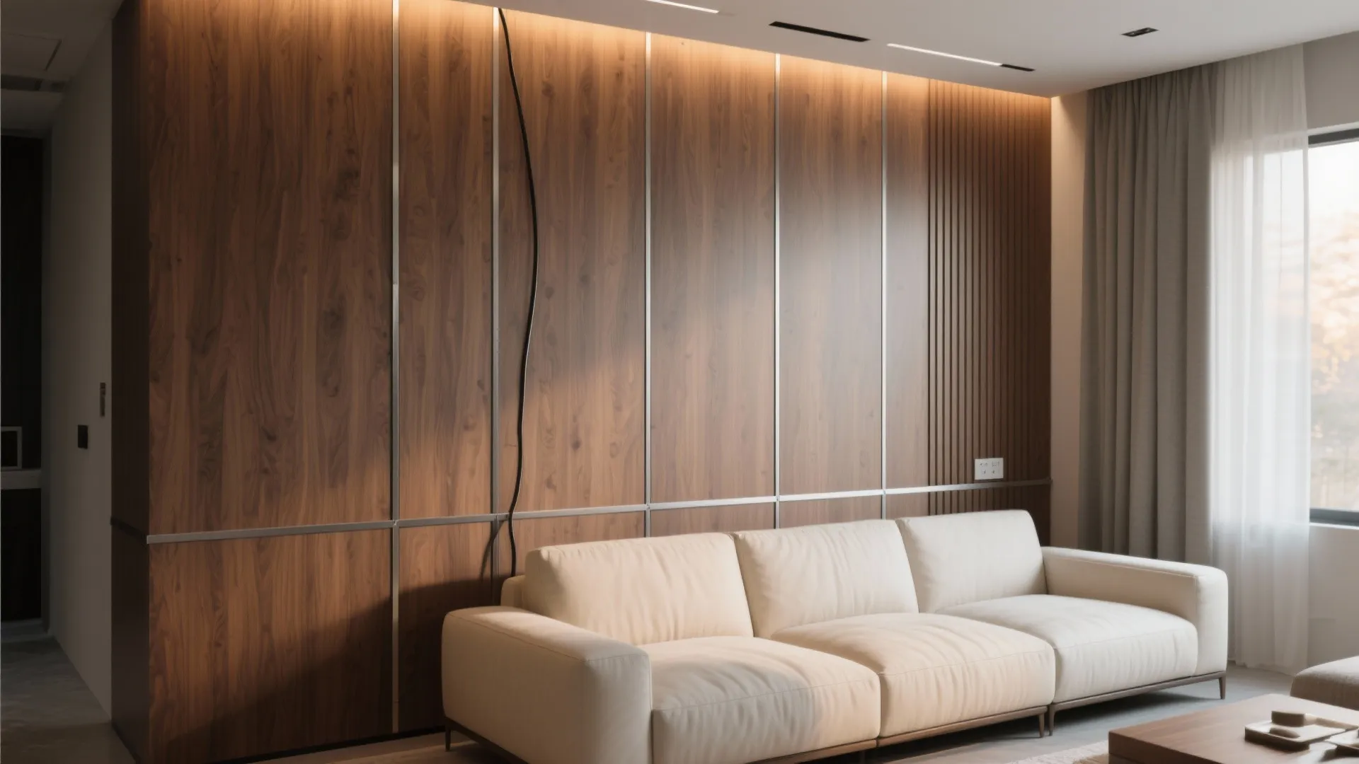 Wood-grain PVC panel accent wall behind a sofa with clean trims and hidden cables in a warm minimalist living room.