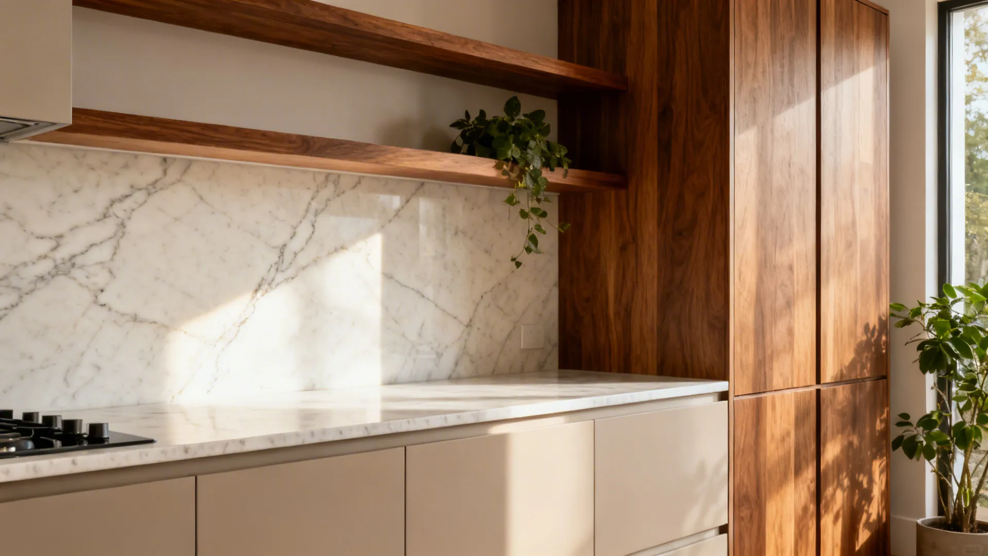 Kitchen corner with marble wall white stone counter top wooden shelves and tall wood cabinet