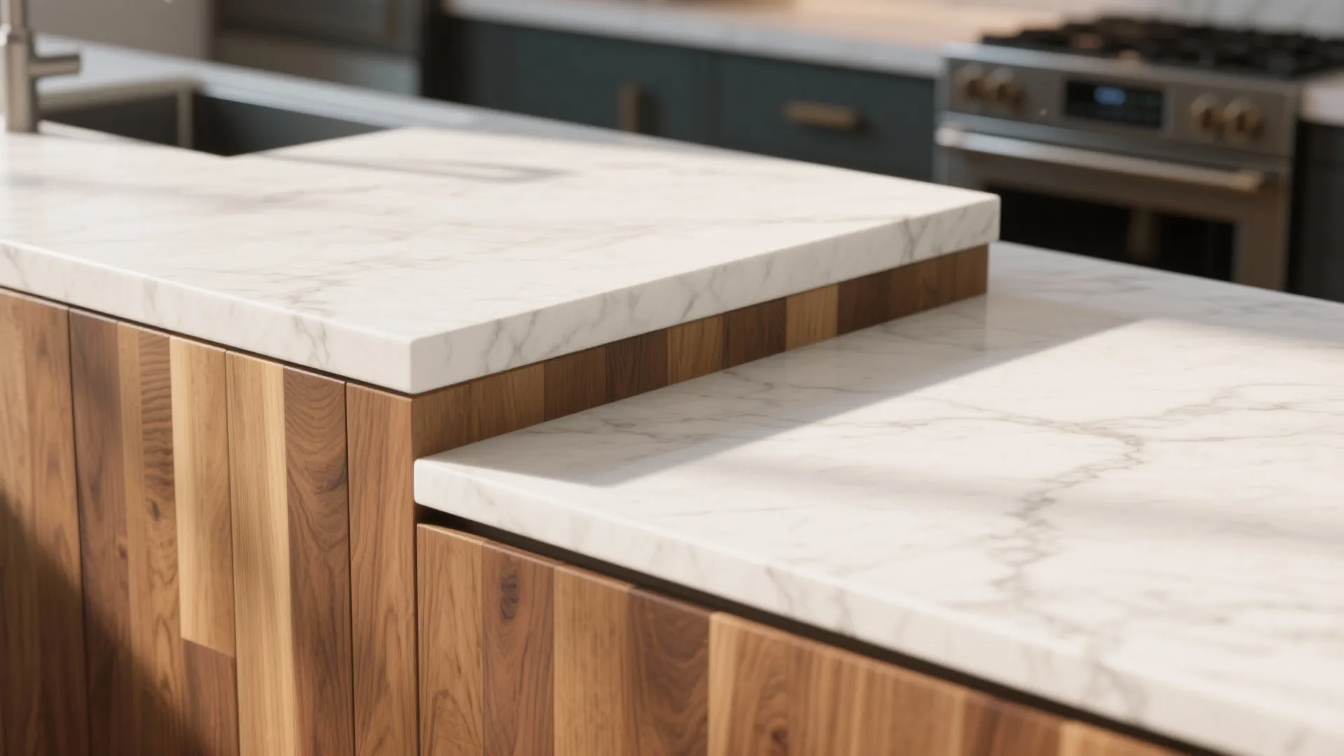 Butcher block and white quartz kitchen countertop close-up