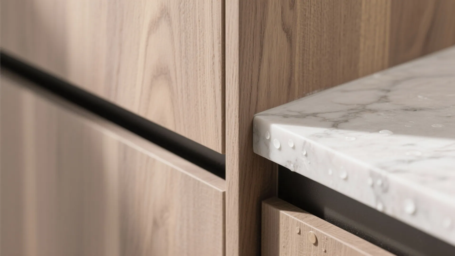 Warm wood, cool stone: mixed-material cabinet fronts