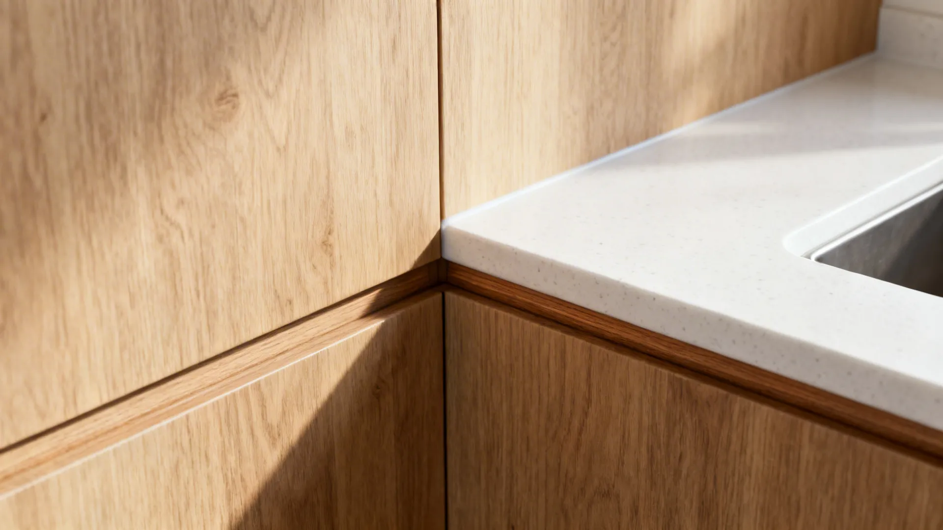 Close-up of light oak front and white quartz countertop with sealed edge.