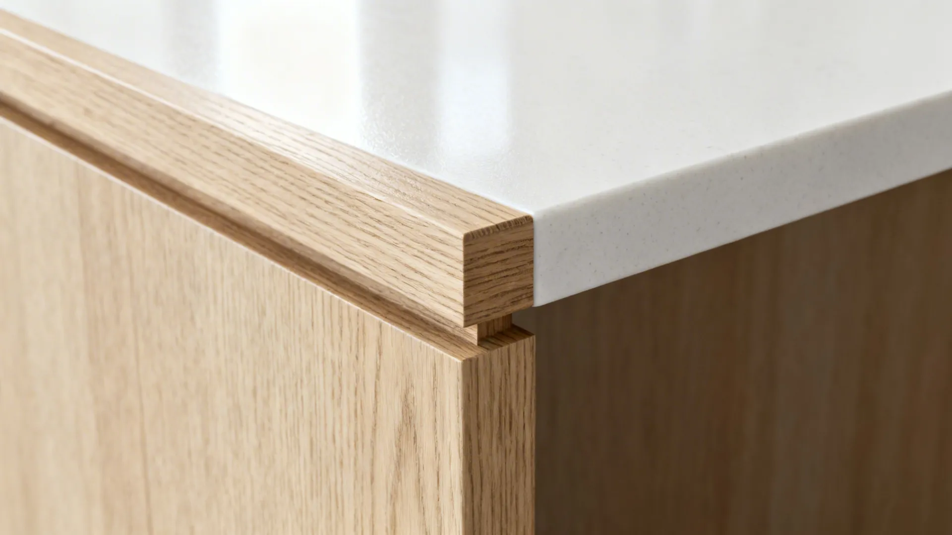 Close-up of rift-cut oak edge banding meeting a satin white quartz countertop.