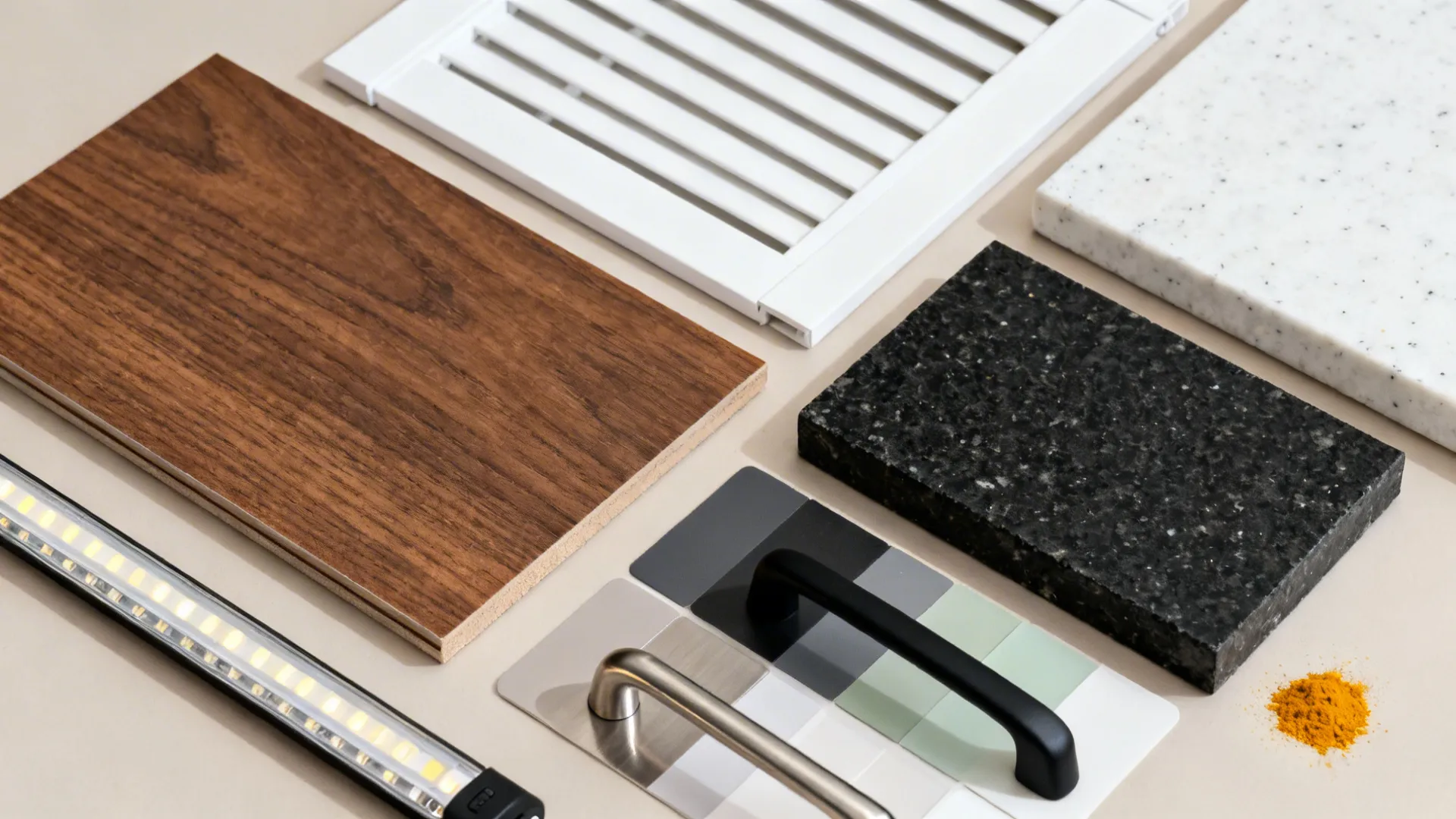 Flat lay with walnut laminate, white PET, quartz and granite samples, and hardware swatches.