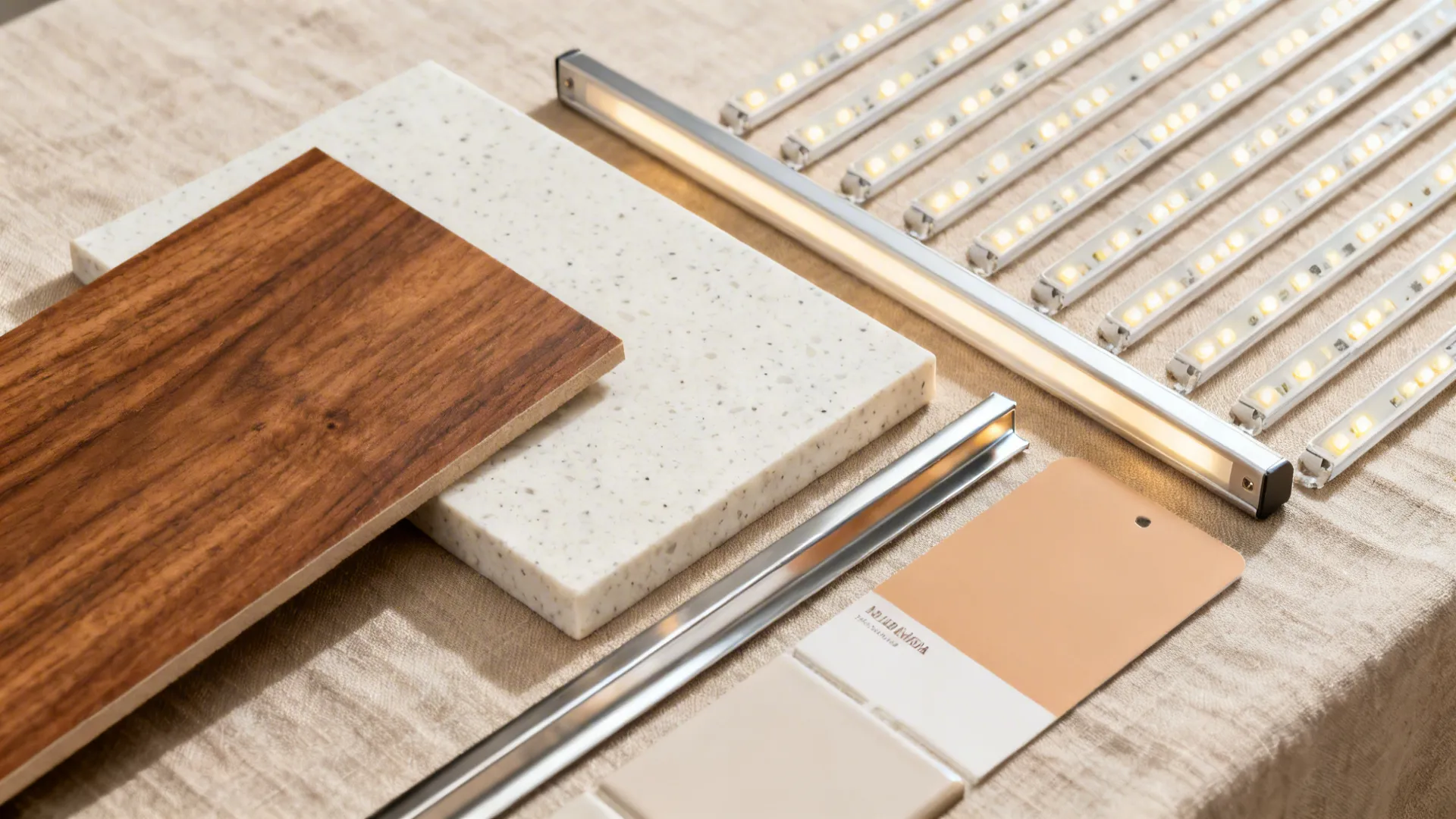 Flat lay of walnut laminate, off-white quartz, matte tile, and stainless accents.