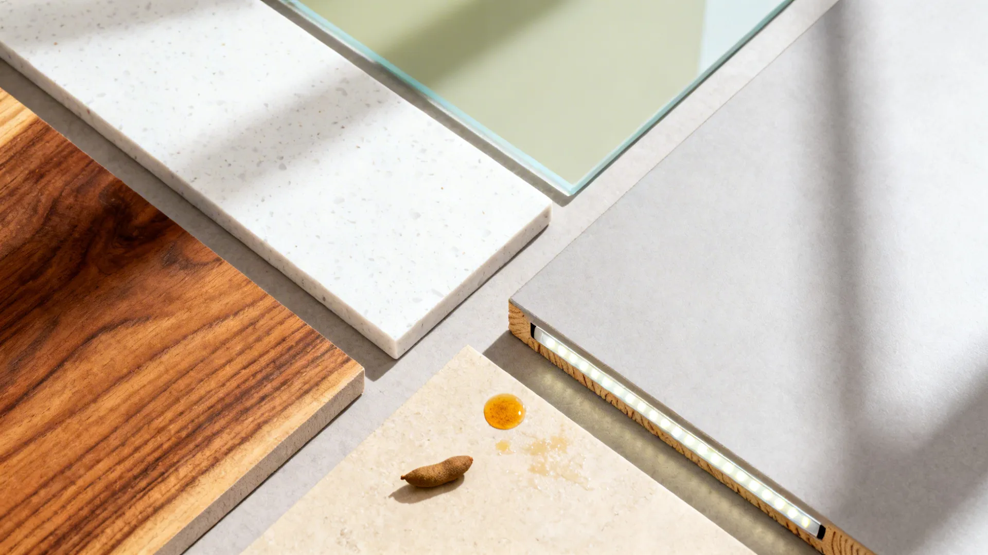 Flat lay of walnut and teak samples with light quartz and back-painted glass for easy-clean backsplashes.