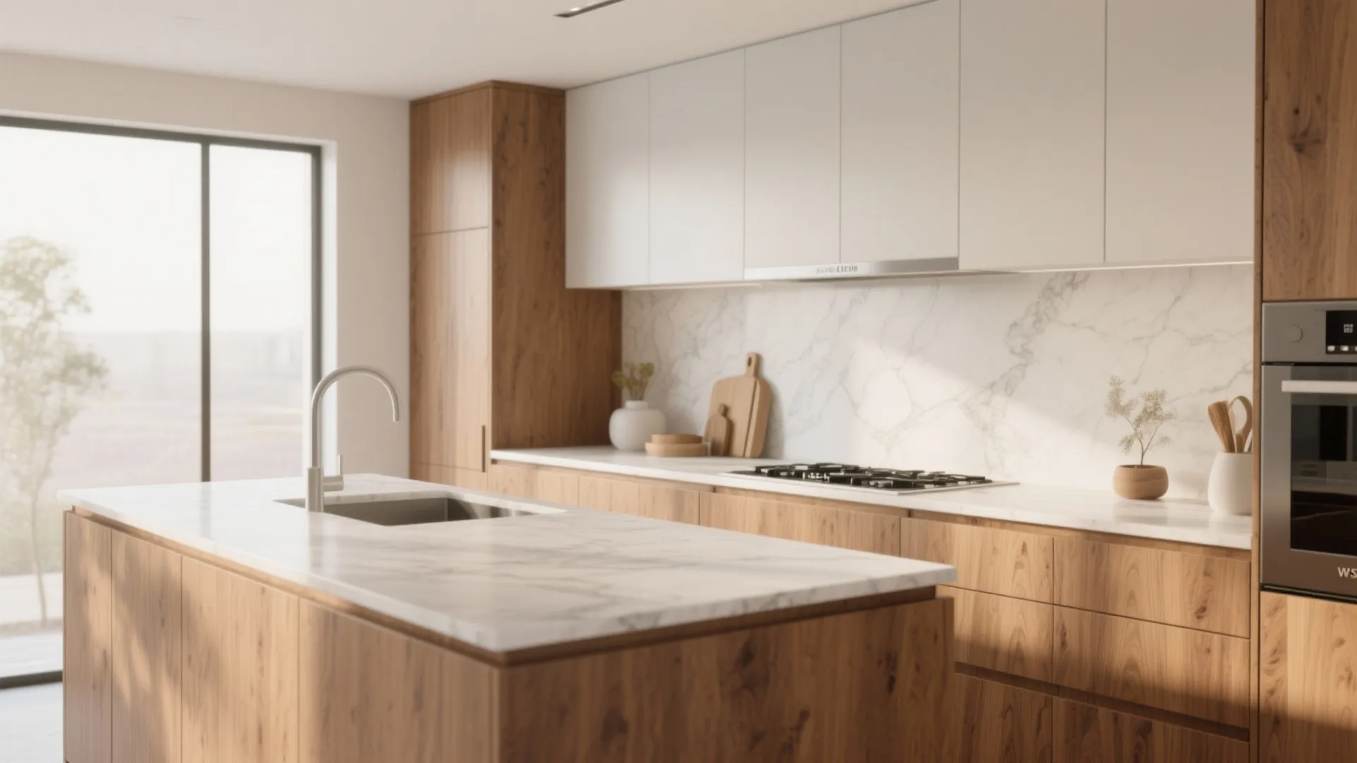 Modern kitchen with wood cabinets white upper storage marble countertops island sink and built-in oven oven