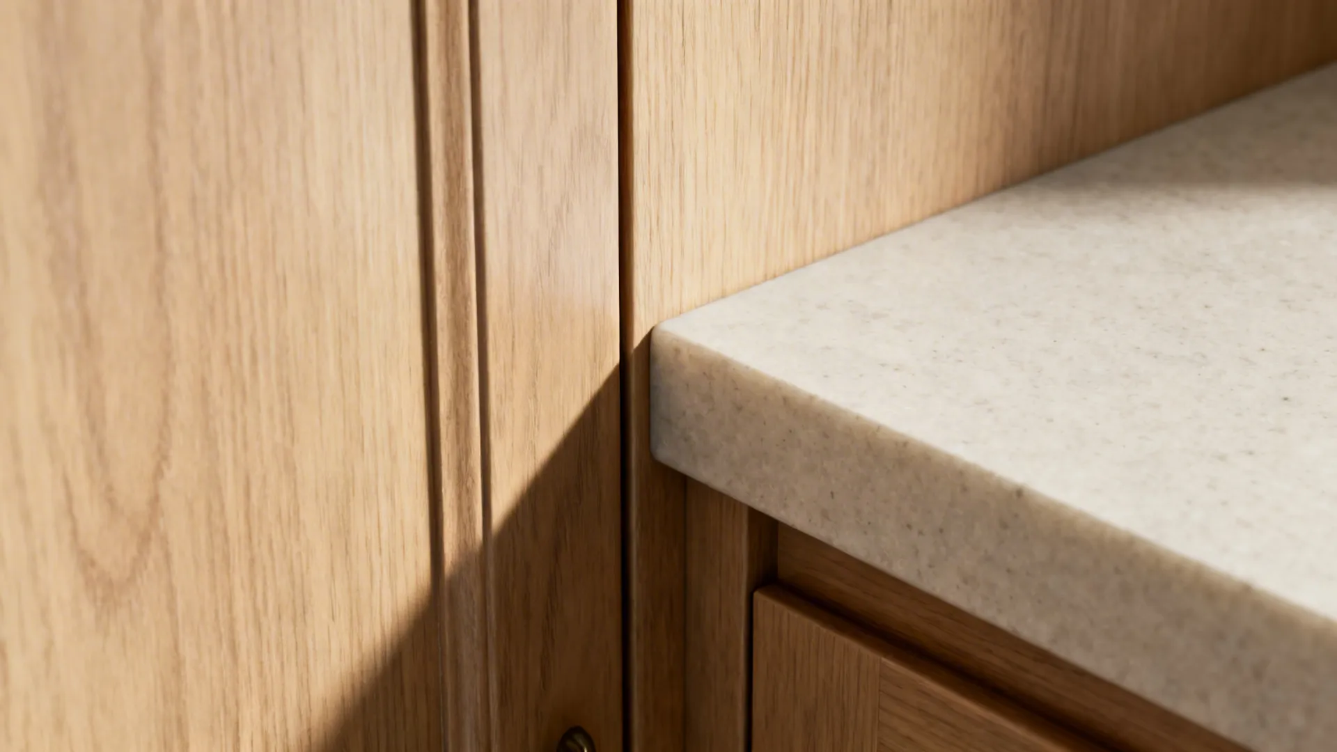 Close up view of a light wood cabinet next to a white stone kitchen counter top