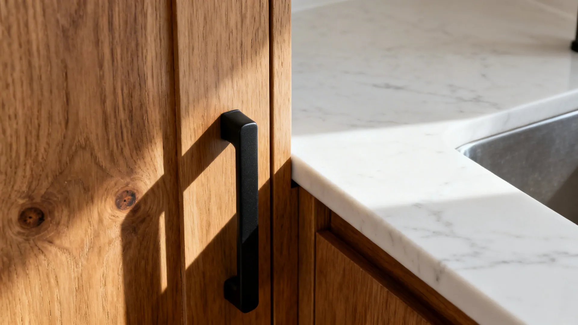 Close up of wood cabinet door with black handle next to white stone kitchen countertop