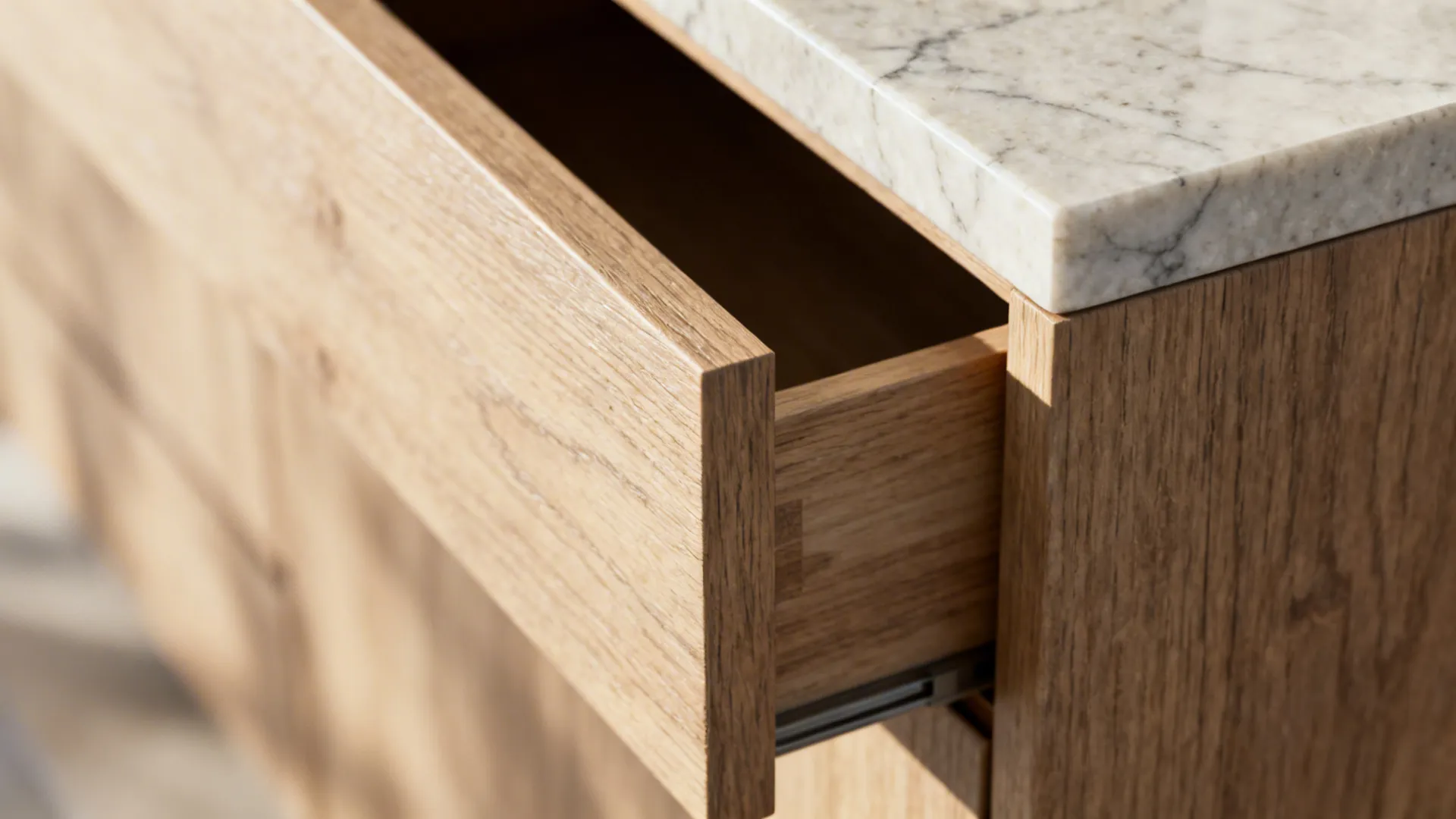 Macro of textured wood grain next to a stone-look quartz edge with refined joinery.