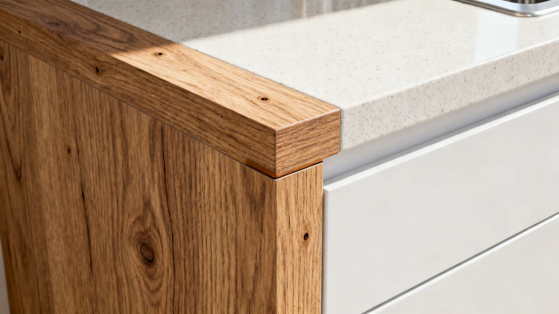 Macro of light rift-oak laminate edge meeting a light quartz countertop and matte white front.