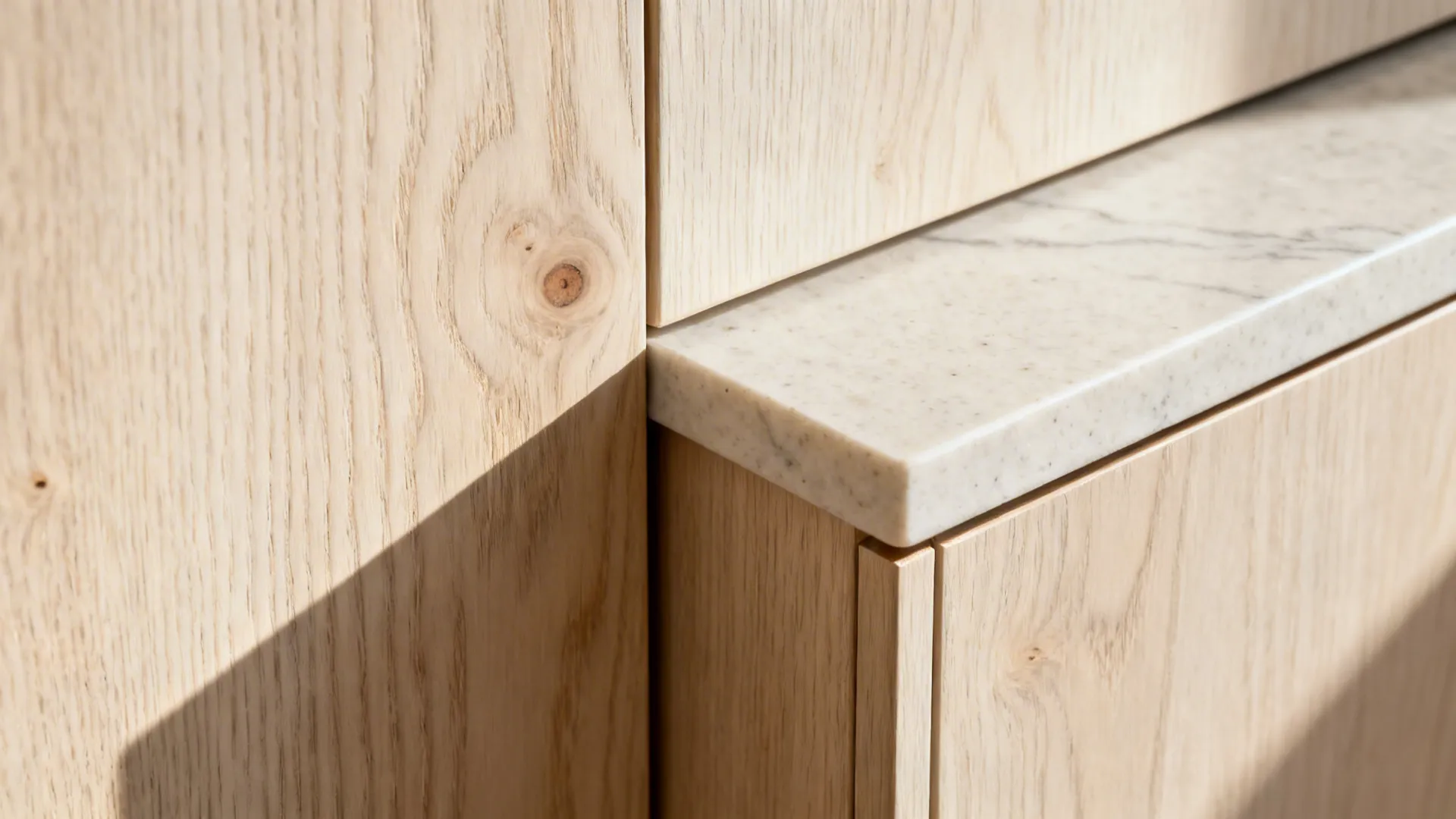 Macro detail of white oak grain meeting a light quartz countertop edge.