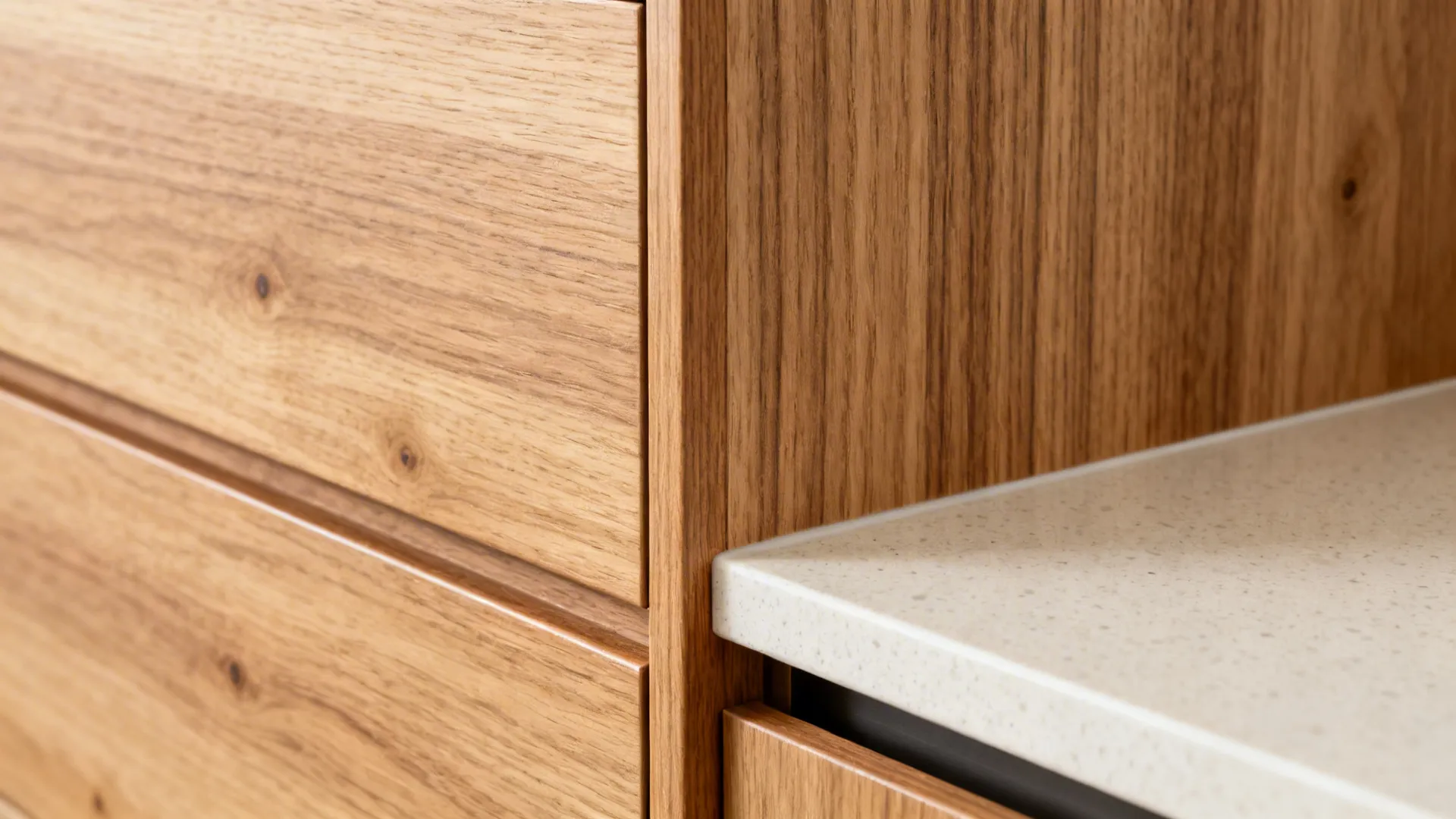 Close up of wooden kitchen cabinet drawers and a light stone countertop surface in natural light