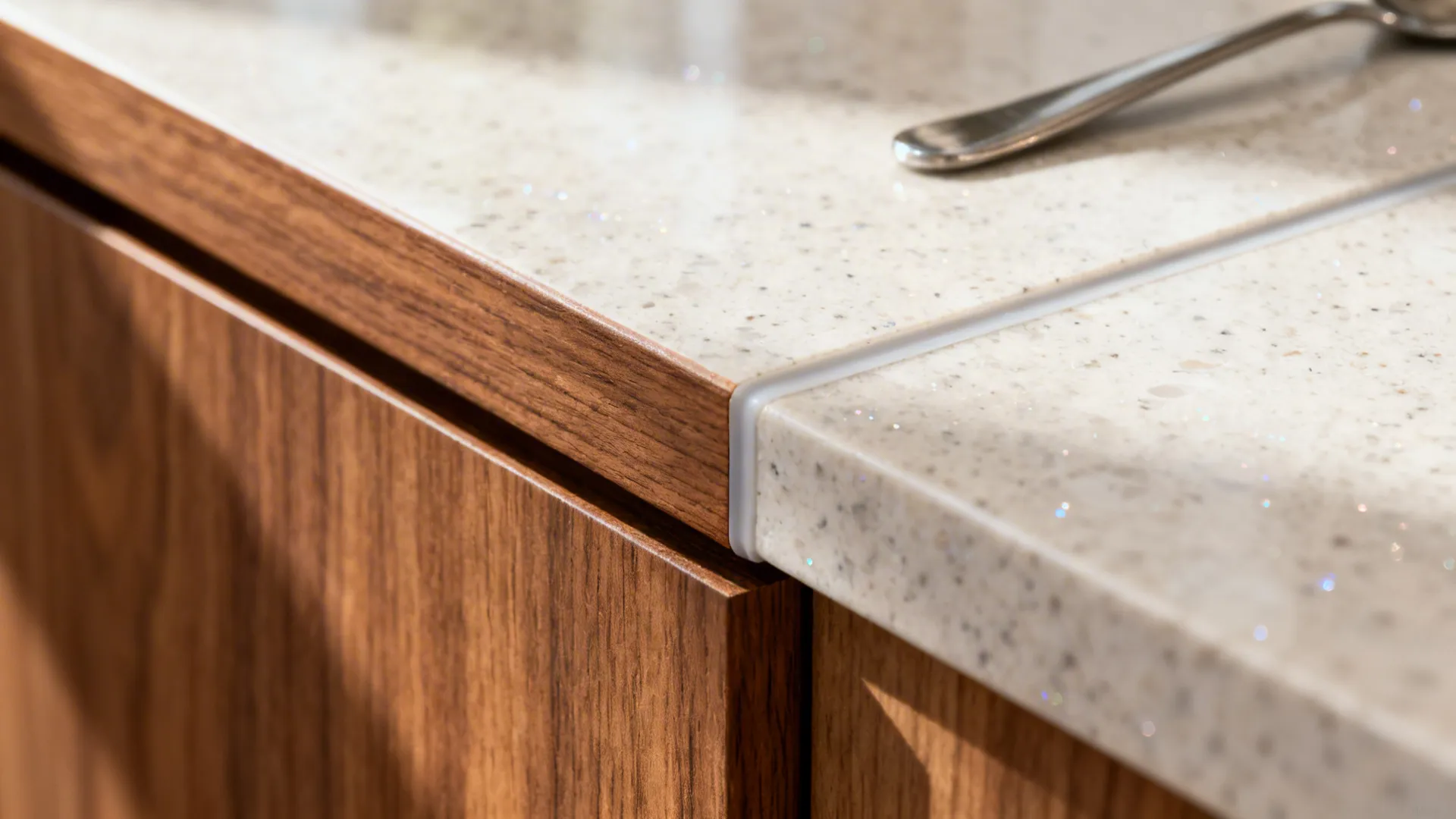 Close up view of cream stone countertop meeting brown wood cabinet with white protective trim