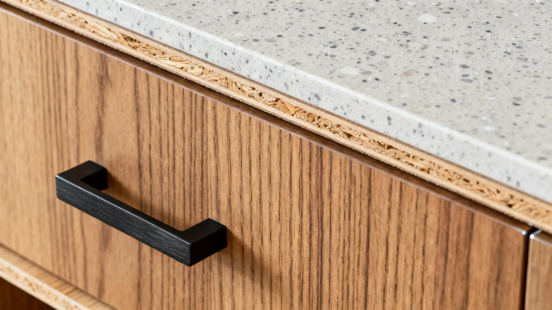 Macro of rift-cut oak next to a light quartz countertop with matte black hardware.