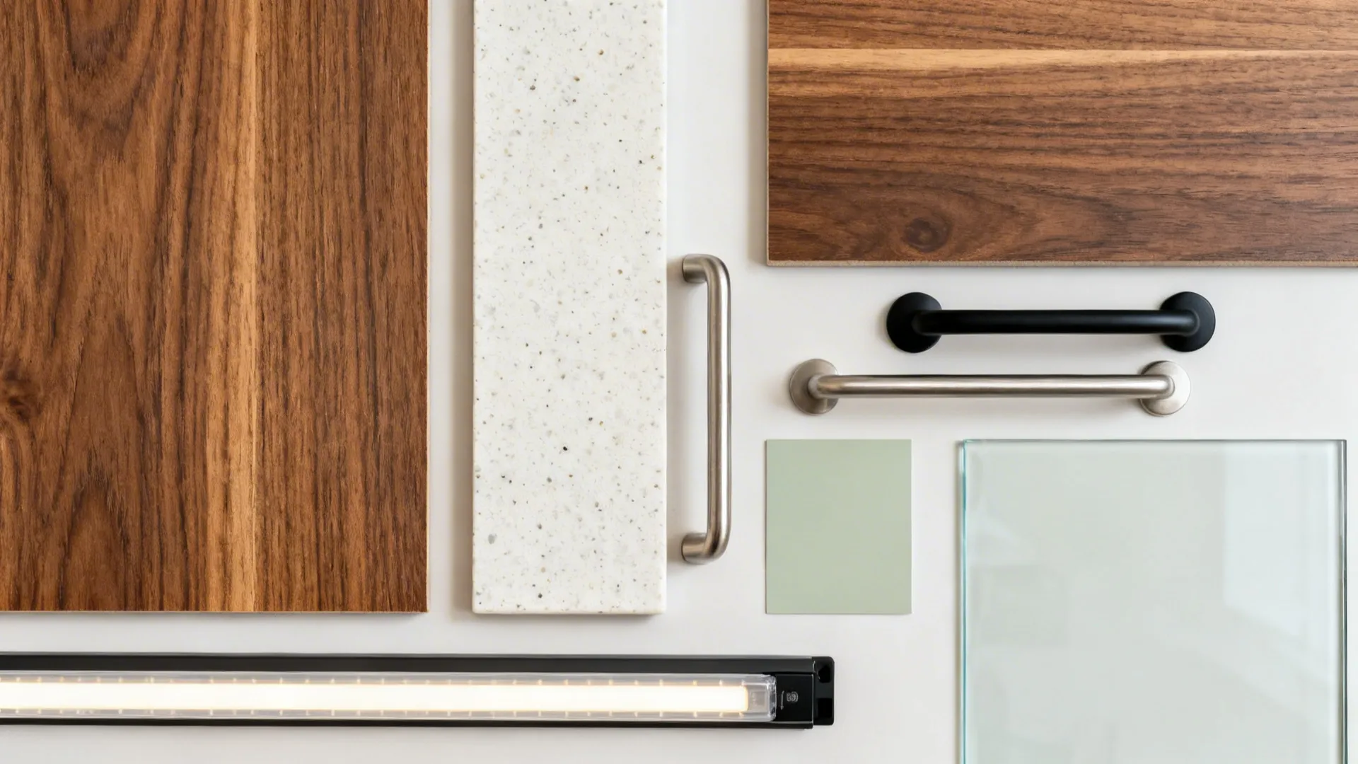 Flat lay of wood-look laminates, light quartz, hardware finishes, and paint chips.