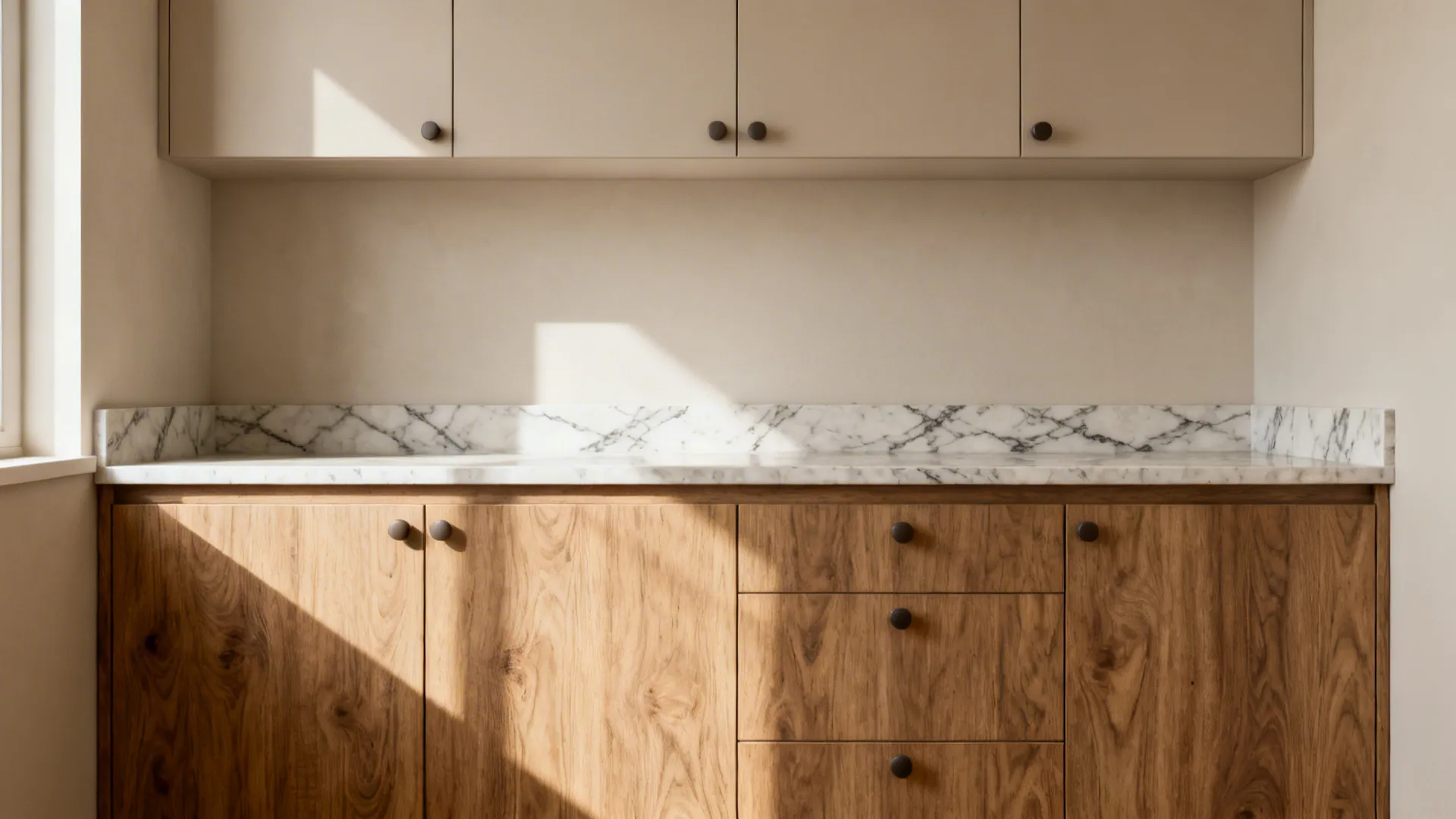 Textured wood base cabinets with stone-look quartz countertop in a calm, compact kitchen.