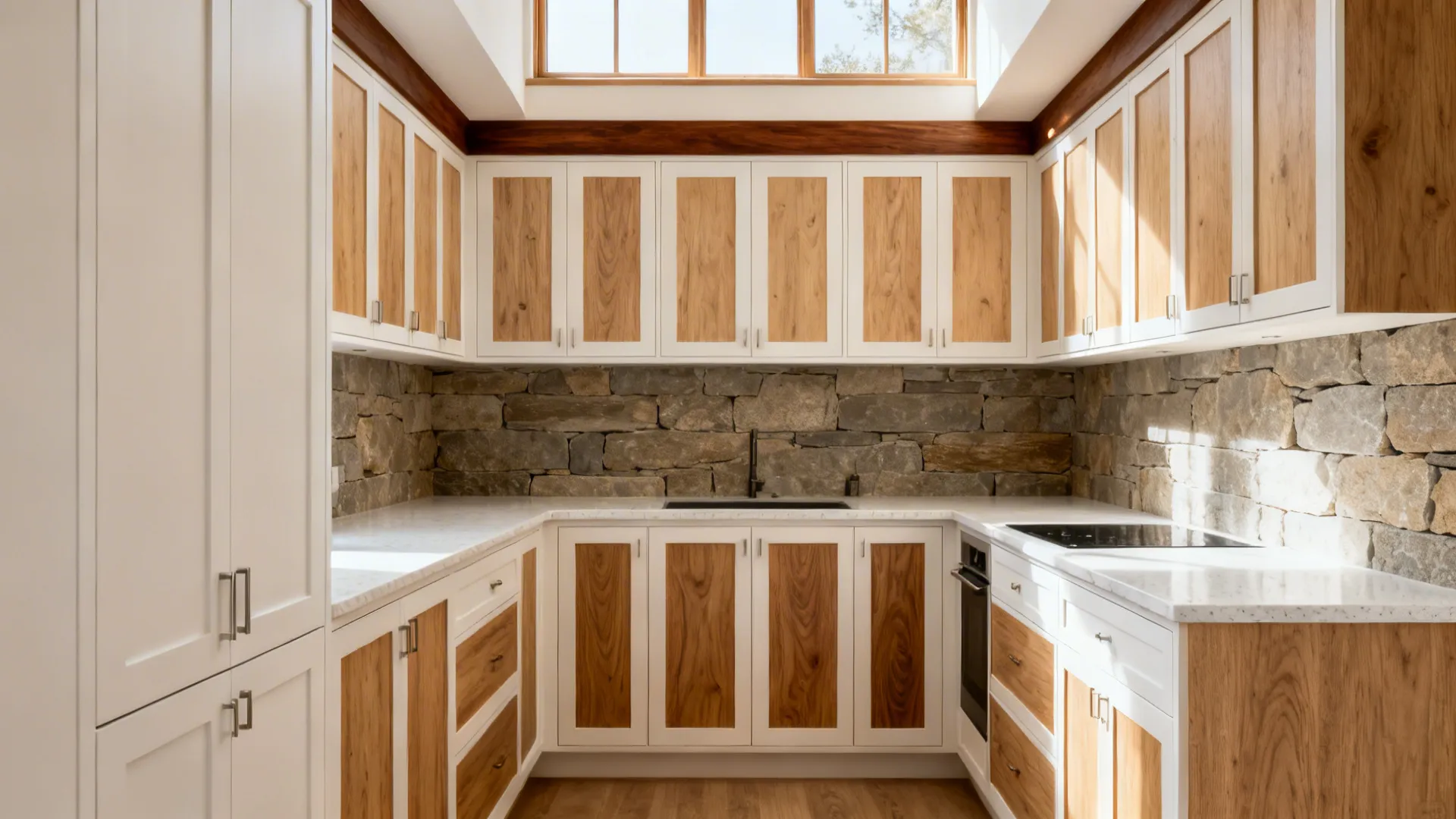 U-shaped kitchen design with white and wood cabinets stone wall and large bright roof window