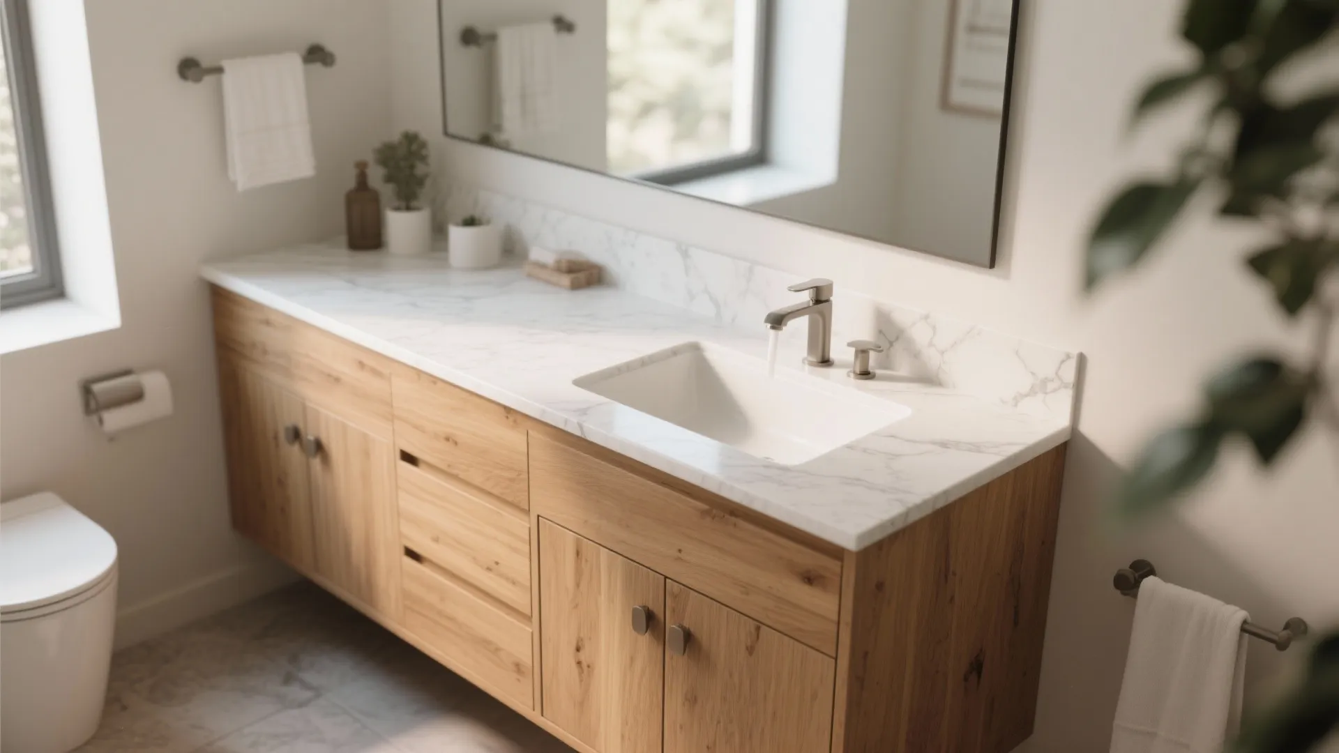 8. Warm Wood Vanity with White Quartz Top