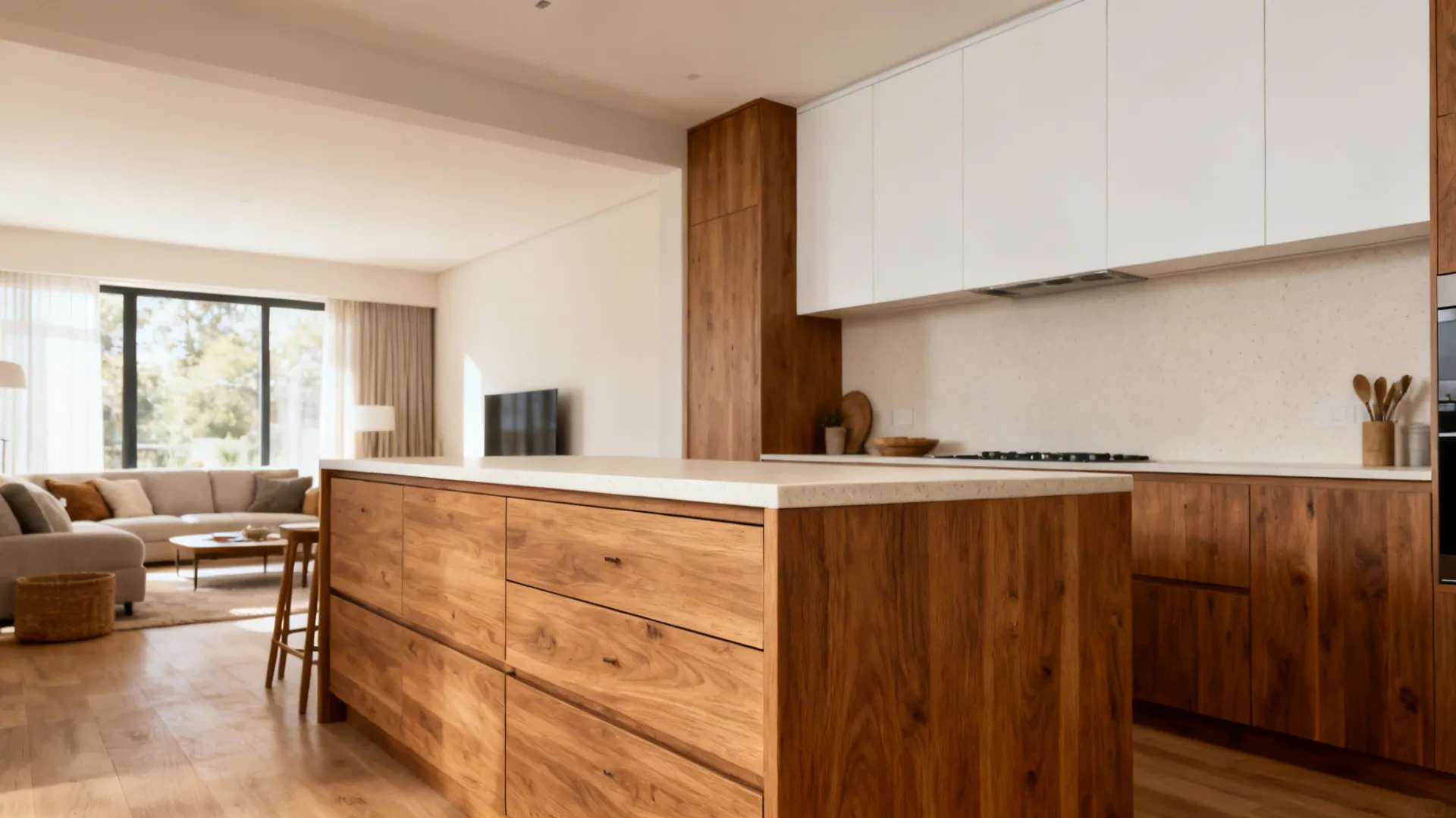 Warm rift oak island with pale quartz countertop and matte white wall cabinets in soft daylight.