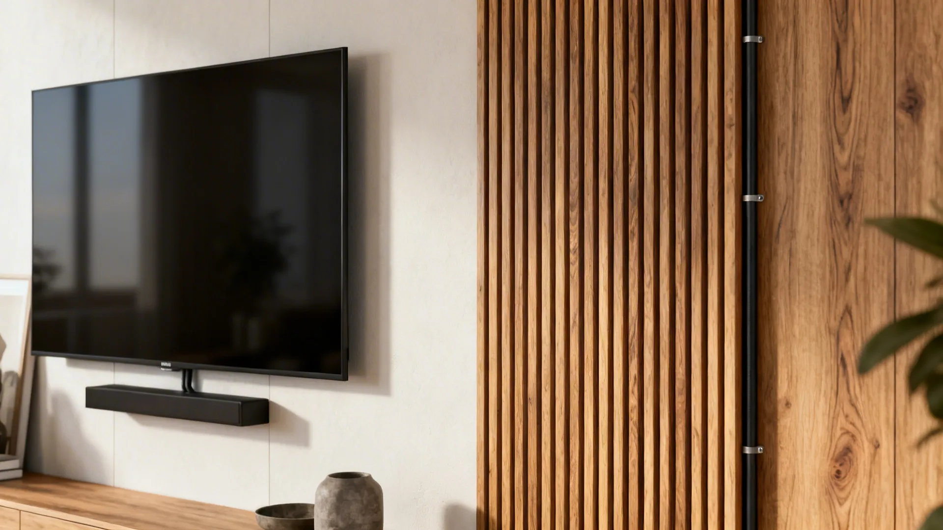 Wood-look cable raceway used as a decorative vertical panel beside a mounted TV