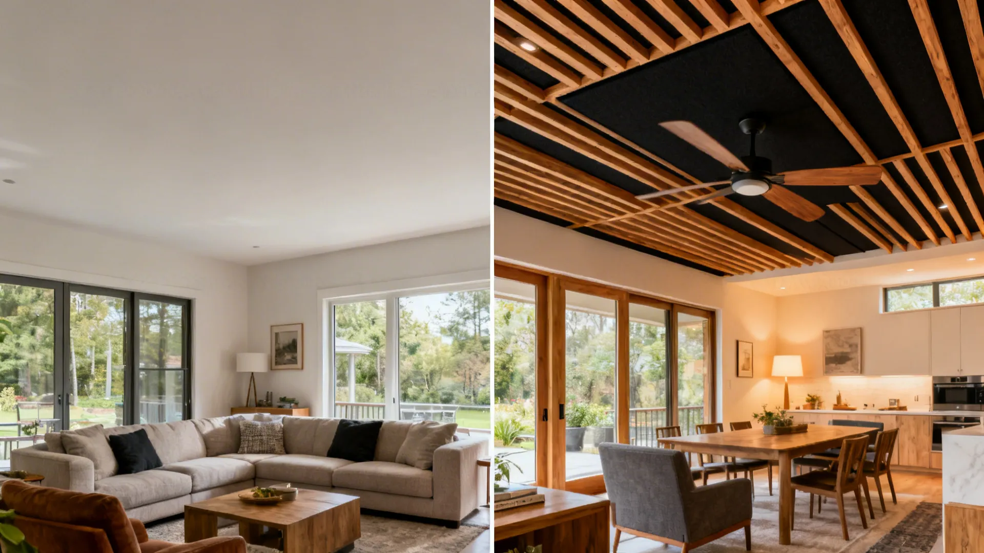 Before and after comparison showing a plain ceiling versus a wood slat raft with a centered fan.