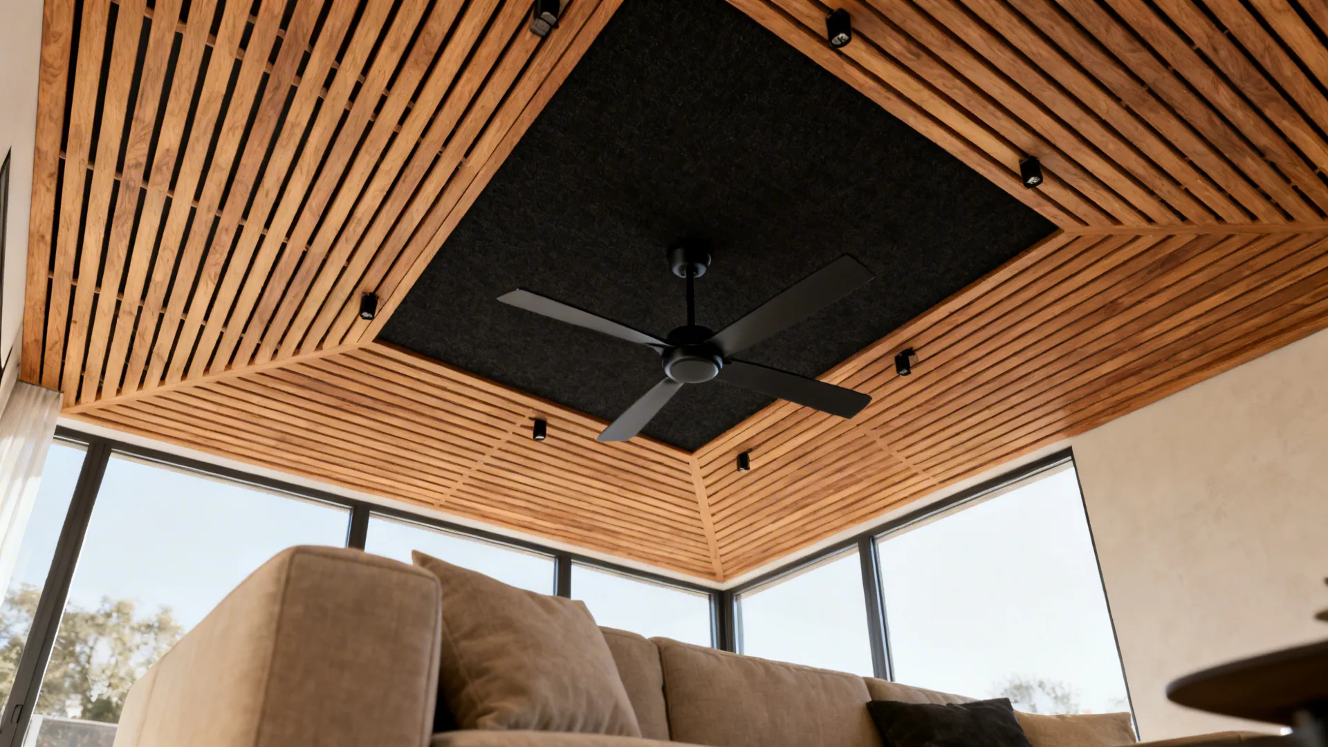 Wood slat raft ceiling with black acoustic backing and a centered ceiling fan.