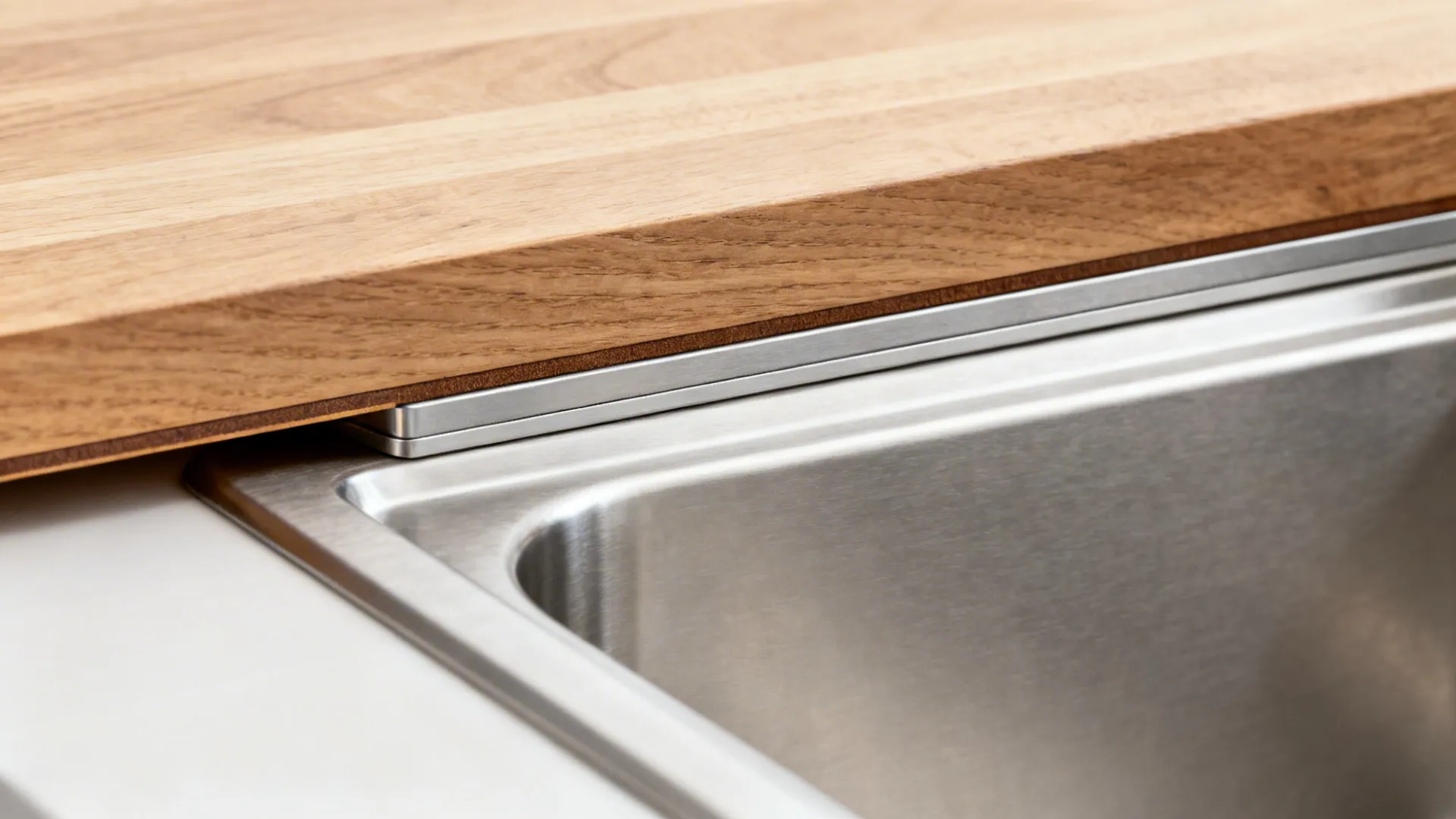 Macro of sealed oak rail and stainless pass with clean, durable edges.