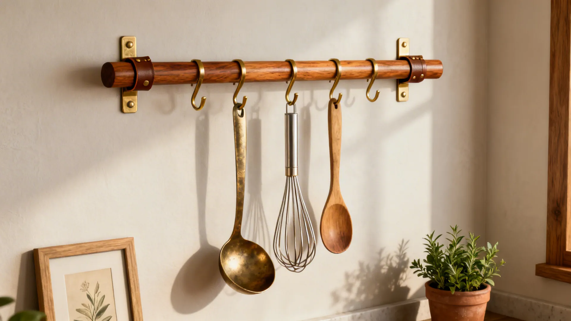 Oiled oak utensil rail with brass S-hooks and curated tools in a warm minimalist kitchen.