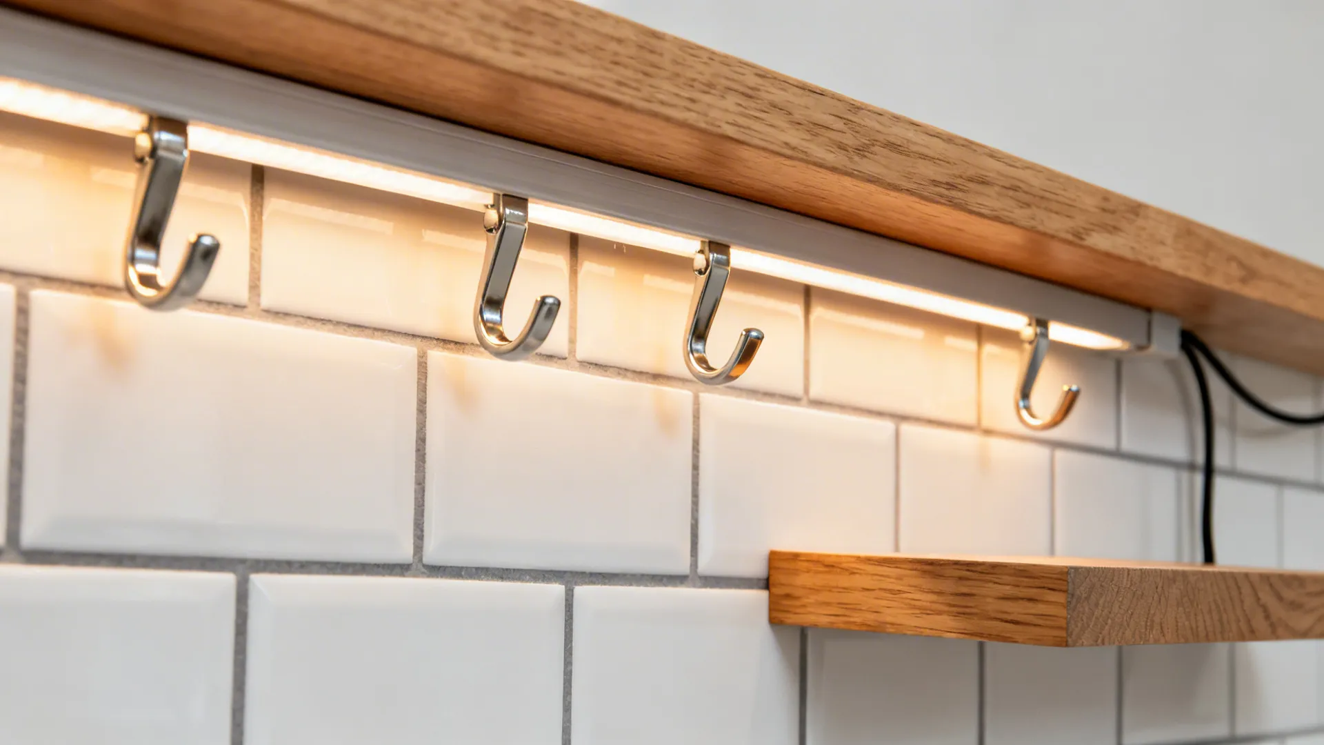 Macro of an oak rail and warm LED glow highlighting white tiles with gray grout.