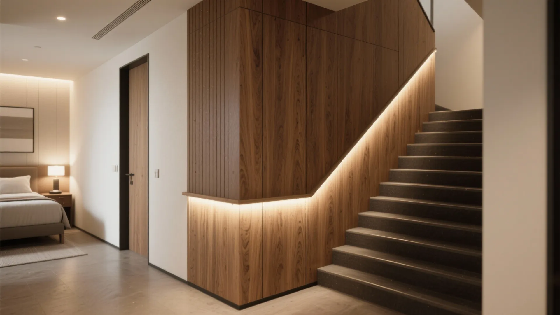 Modern dark stairs next to wood wall paneling with built-in light strips and bedroom background