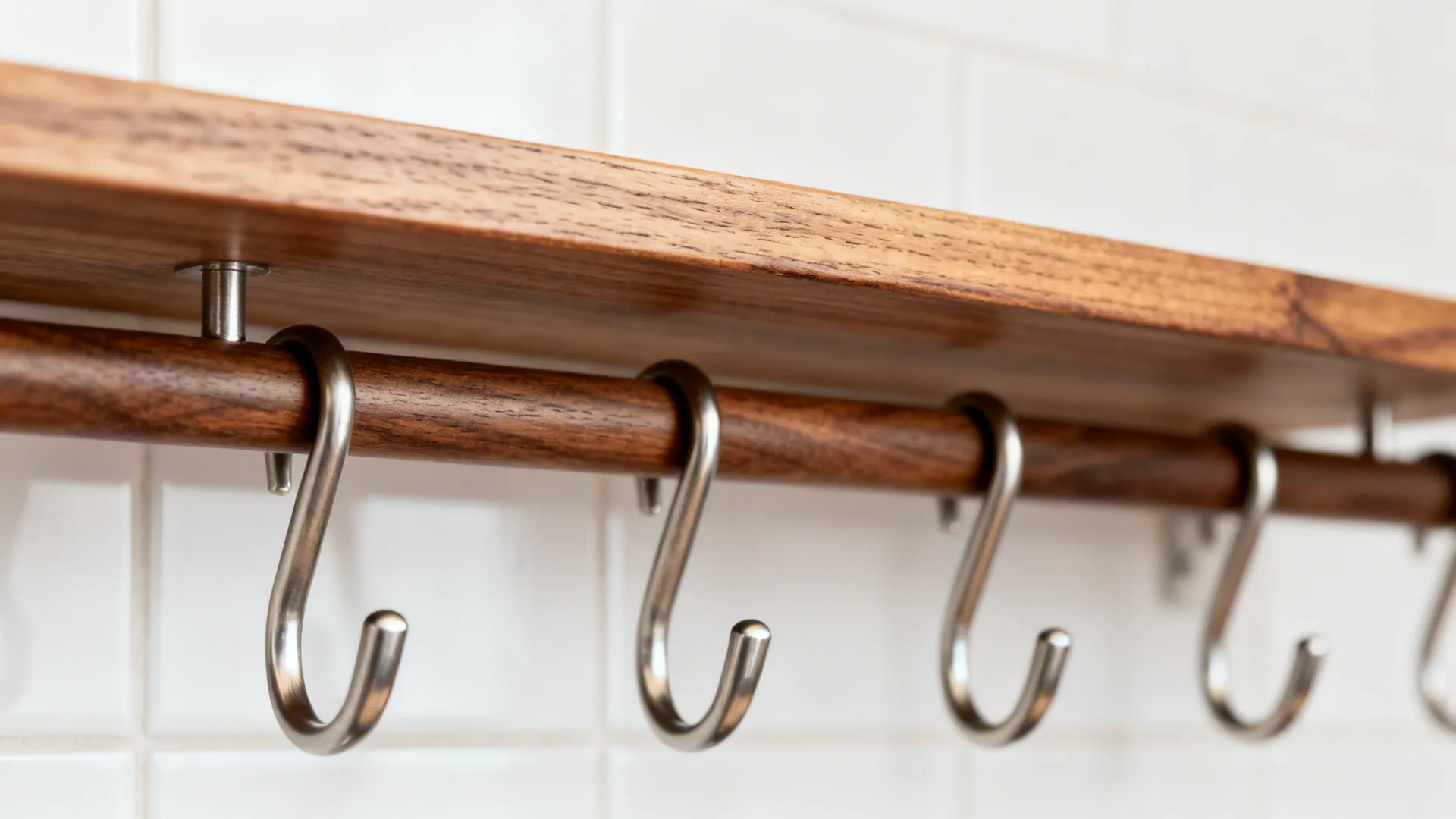 Macro of walnut rail and oak shelf with brushed steel hooks