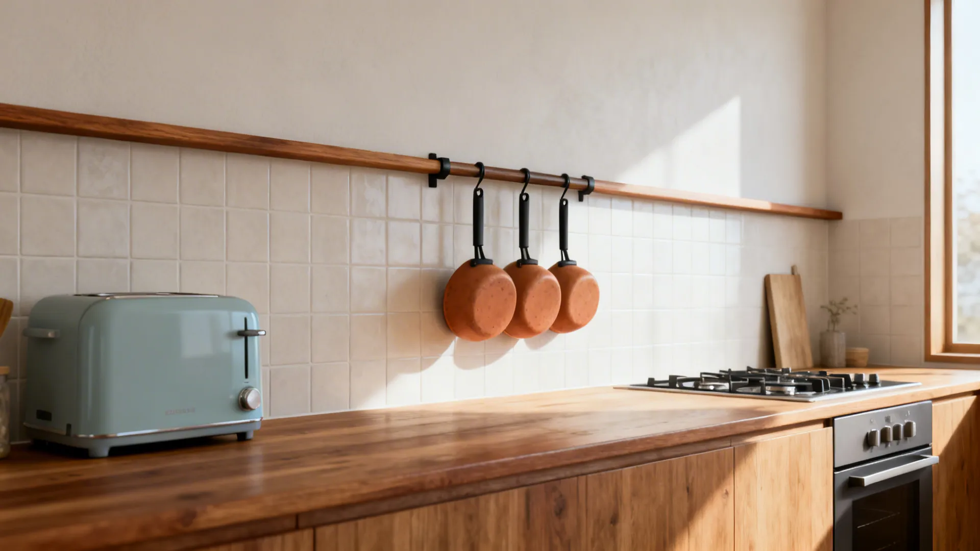 Warm Wood Rail with Clay Pot Hooks