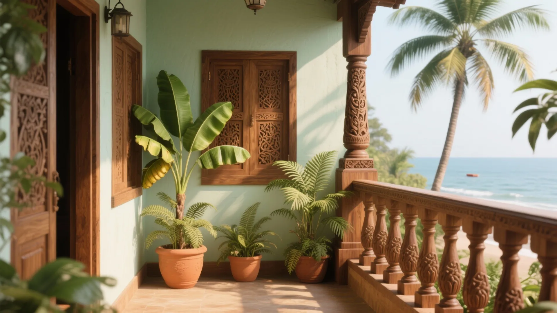 Carved Wooden Railings with Tropical Greens