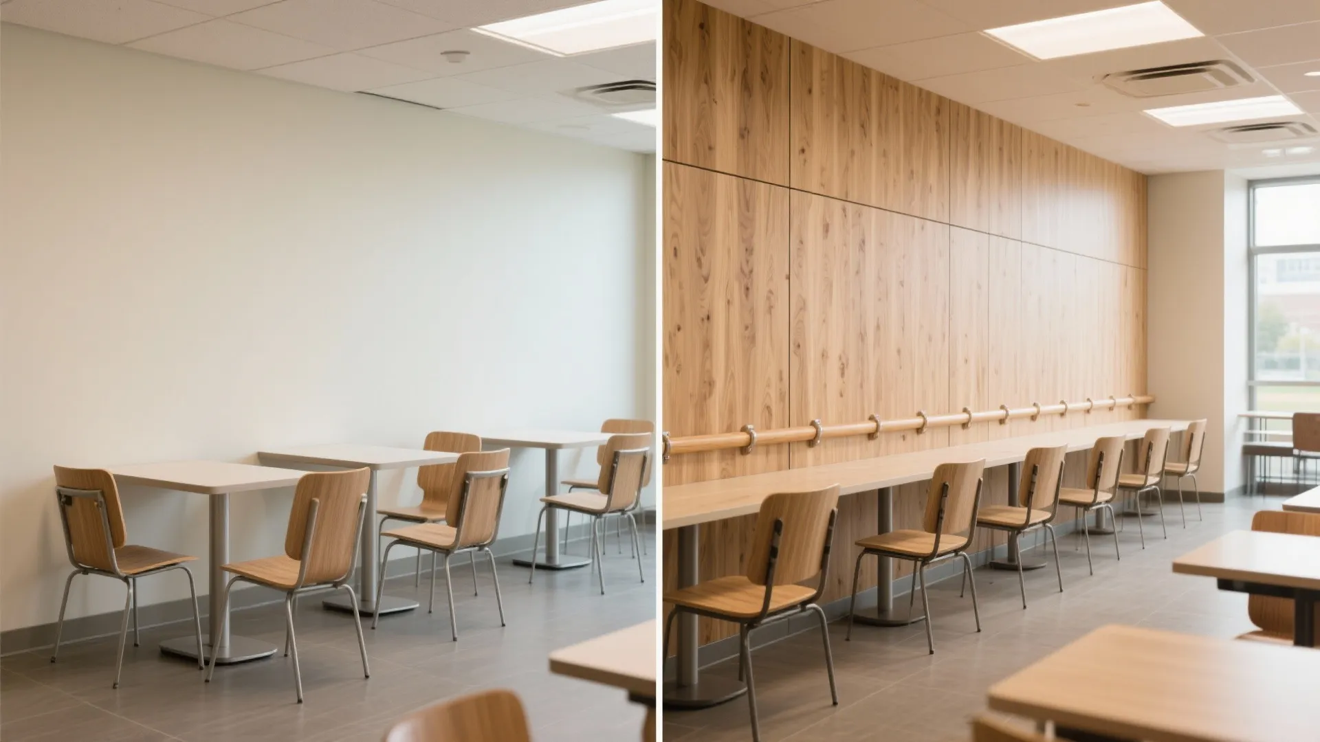 Before-and-after comparison of a white wall versus a wood wall panel with a hand rail