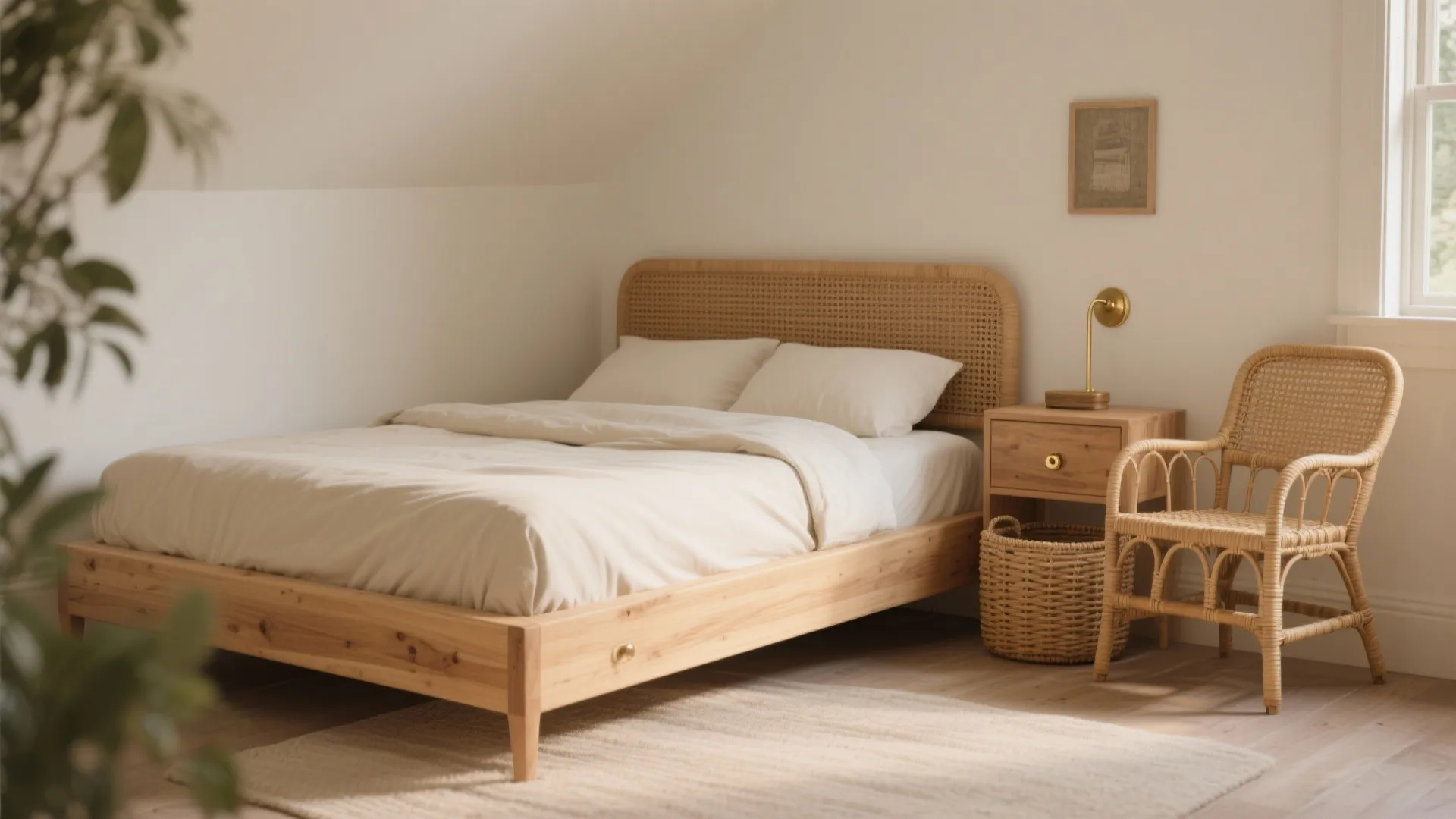2. Natural Wood Furniture and Rattan Touches